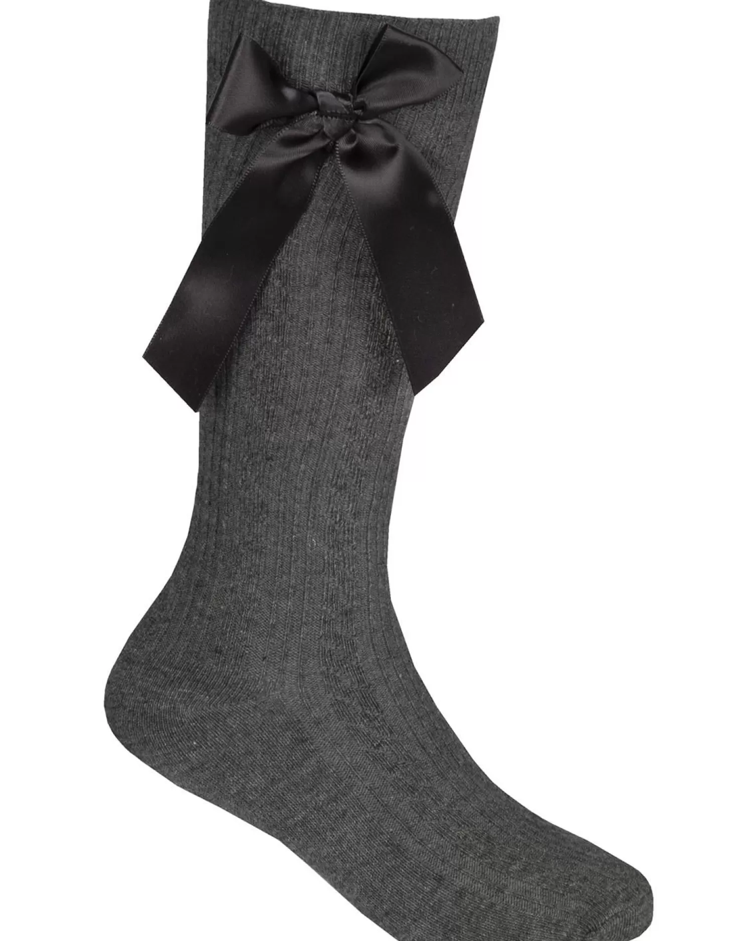Kids Cottonique 2 Pairs Girls Cable Knee High Bow Socks - Dark Grey