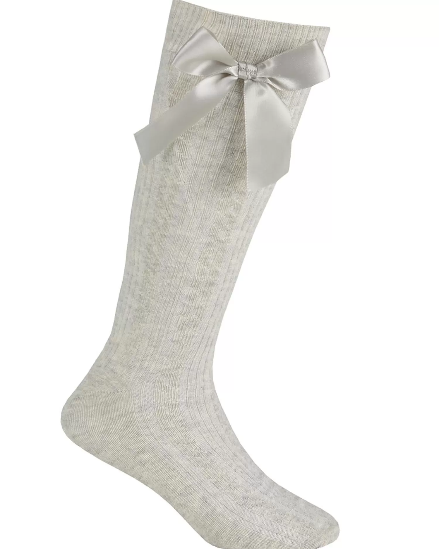 Kids Cottonique 2 Pairs Girls Cable Knee High Bow Socks - Light Grey