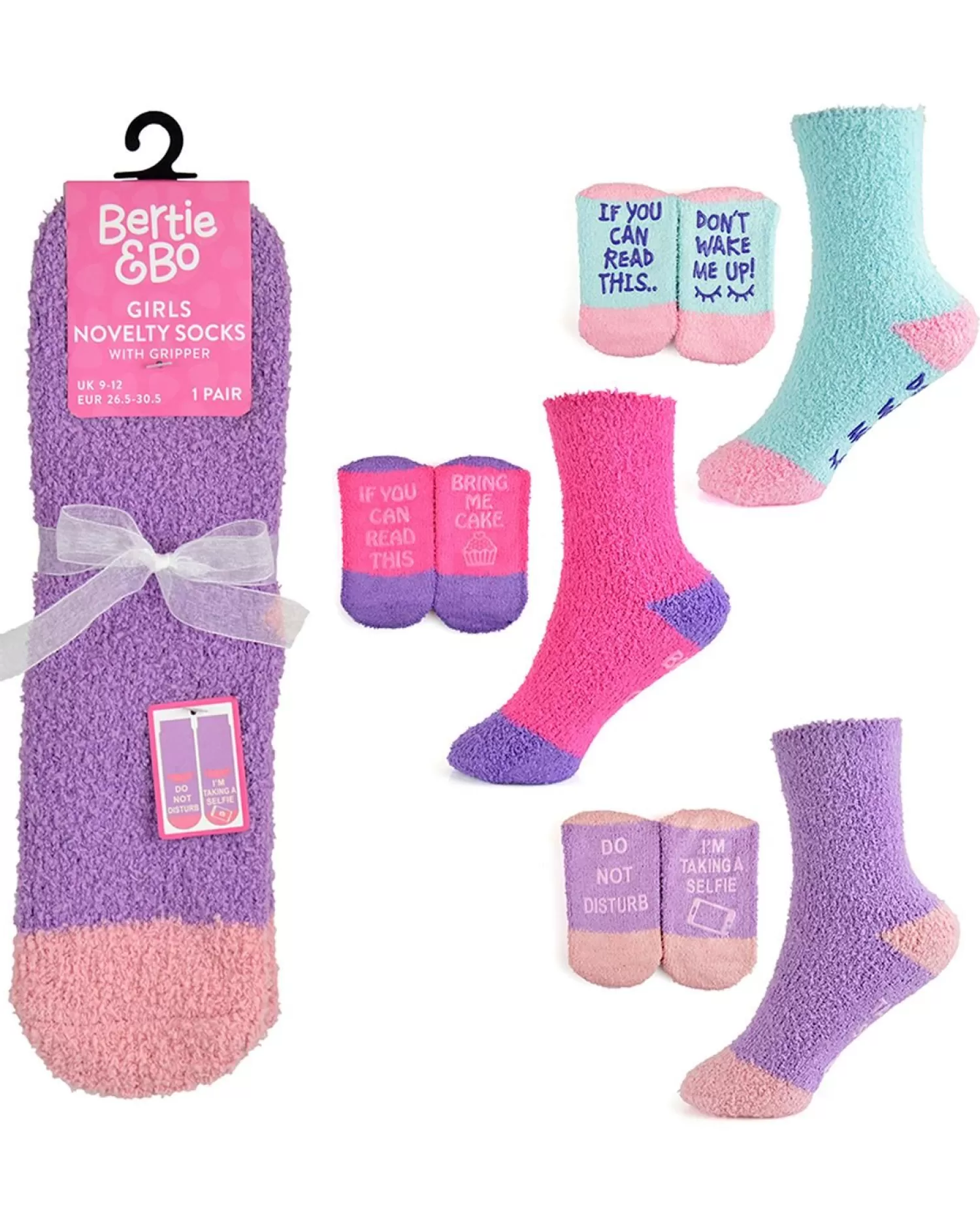 Kids Bertie & Bo 3 Pairs Girls Novelty Slogan Sole Cosy Socks