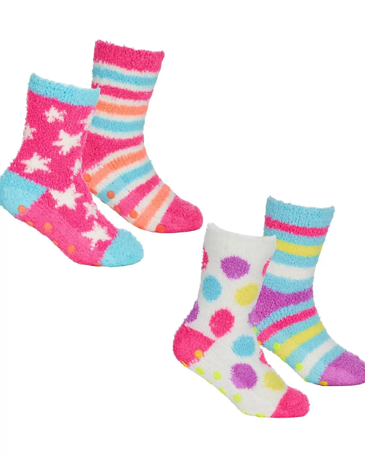 Kids * 4 Pairs Girls Fluffy Spots & Stars Socks