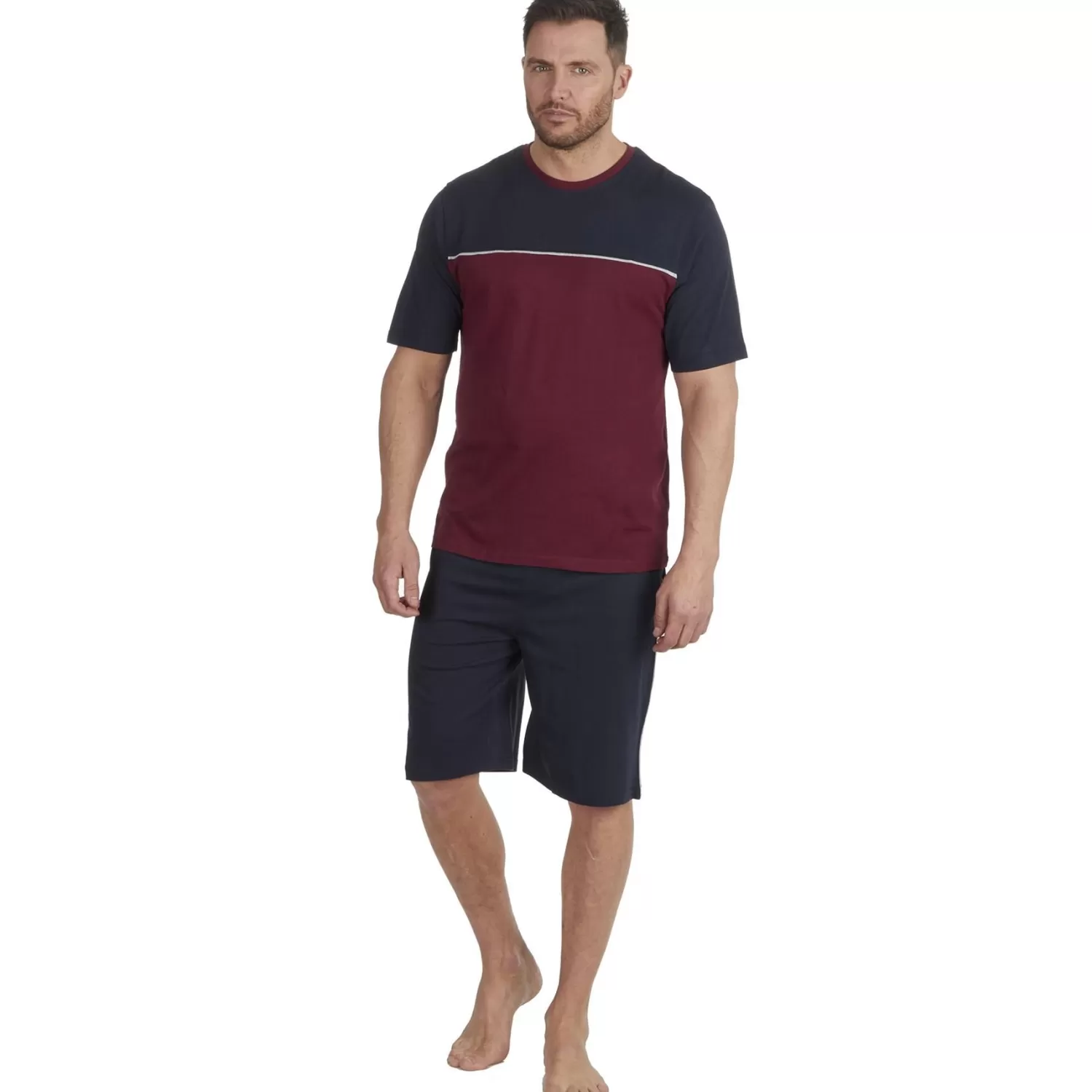 Men Cargo Bay Contrast Short Jersey Pyjamas - Navy/Burgundy