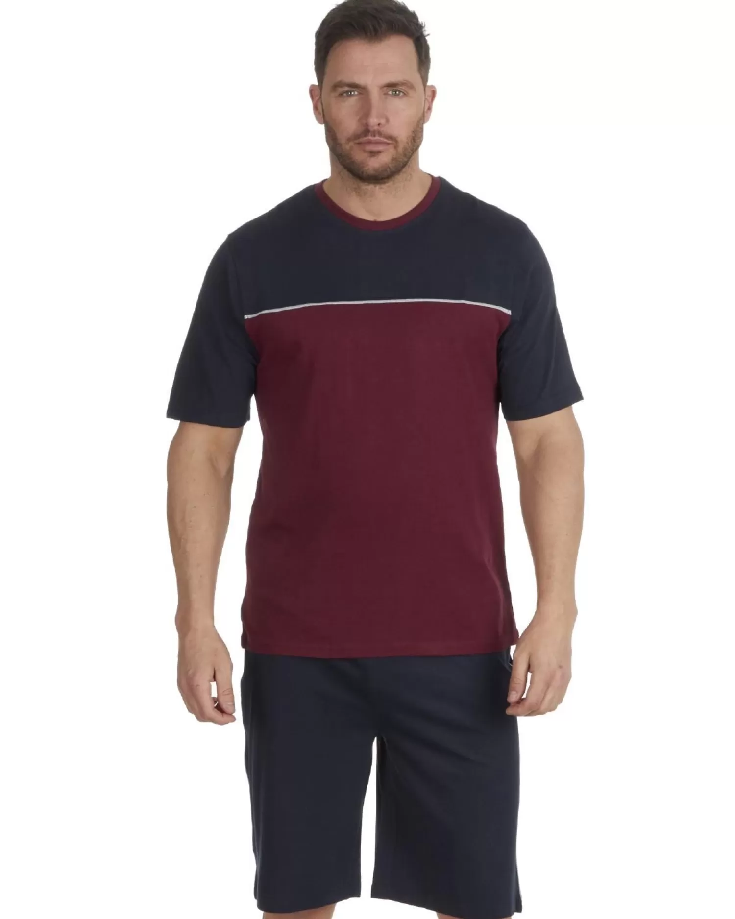 Men Cargo Bay Contrast Short Jersey Pyjamas - Navy/Burgundy