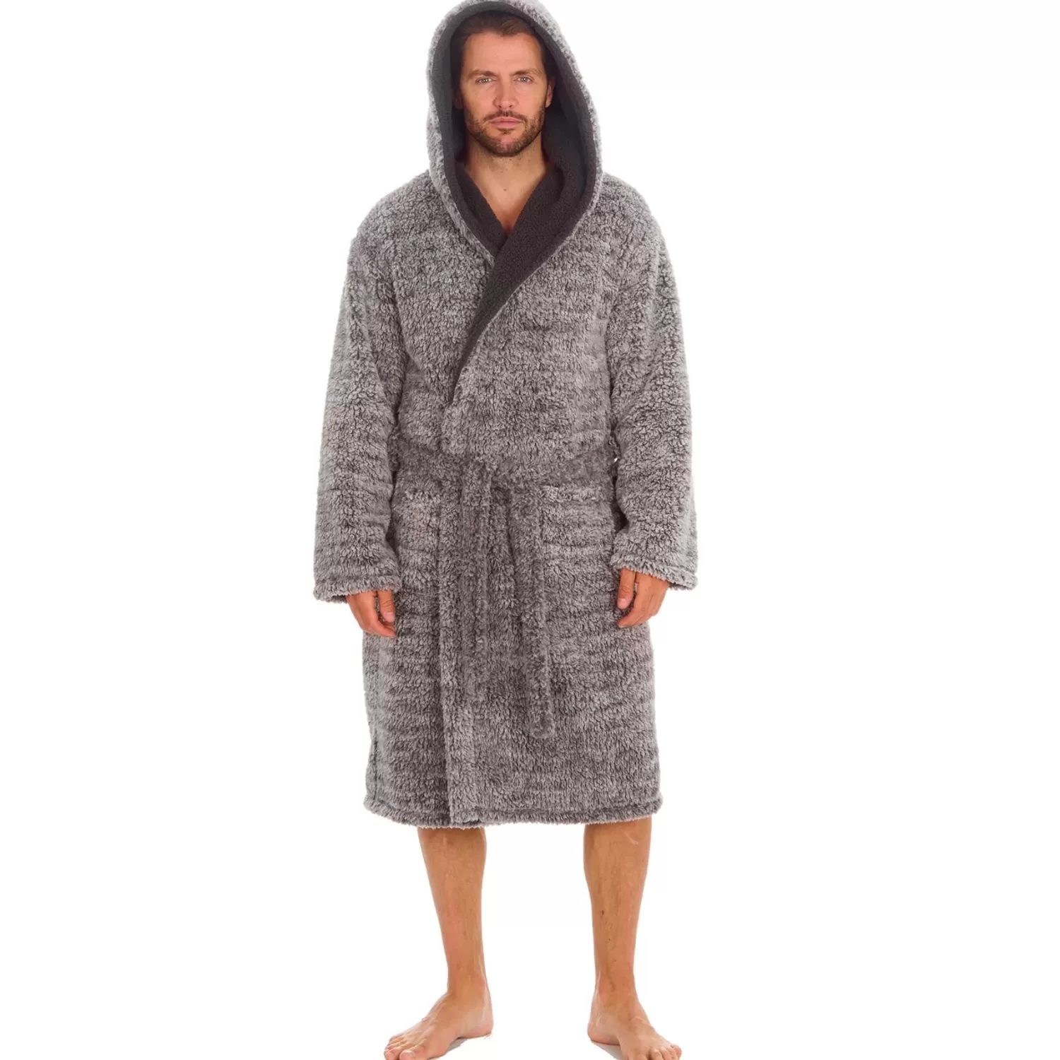 Men Cargo Bay Sherpa Fleece Dressing Gown - Grey