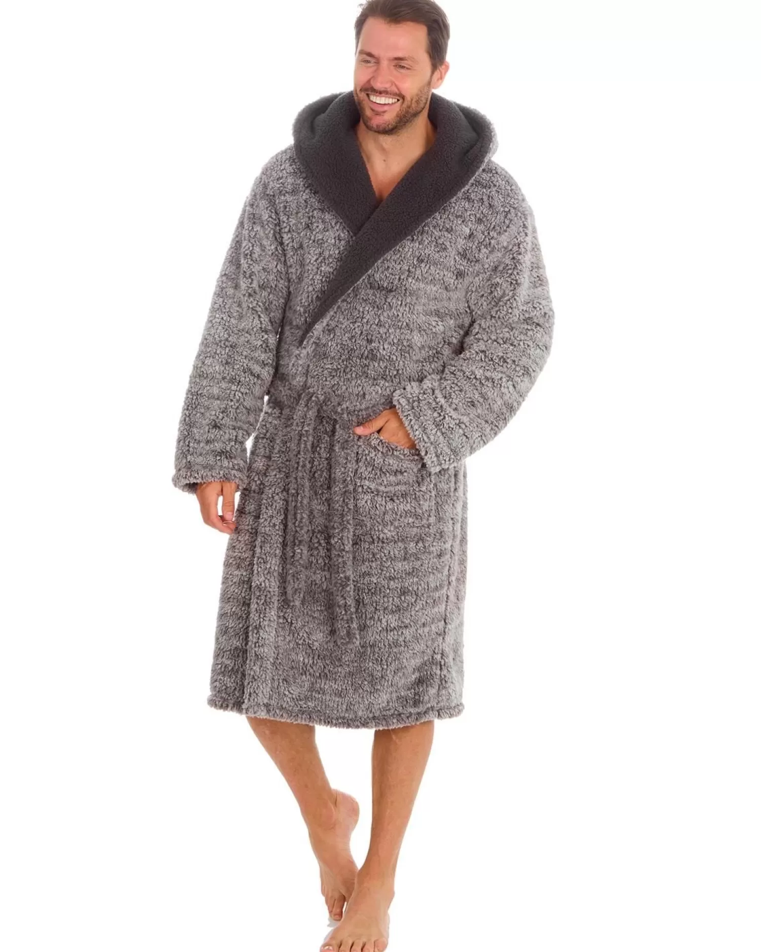 Men Cargo Bay Sherpa Fleece Dressing Gown - Grey