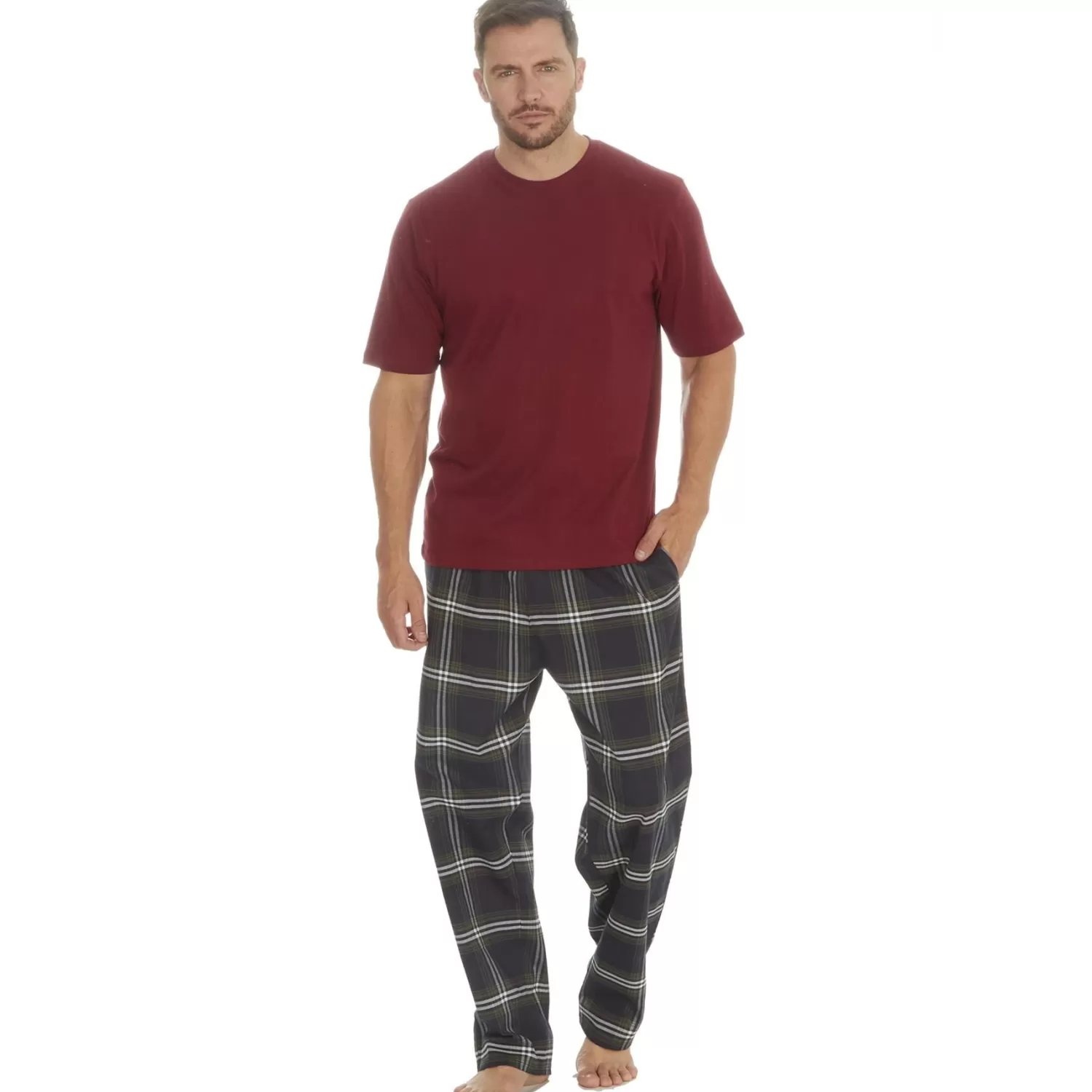 Men Cargo Bay Short Sleeve Check Pyjamas - Burgundy