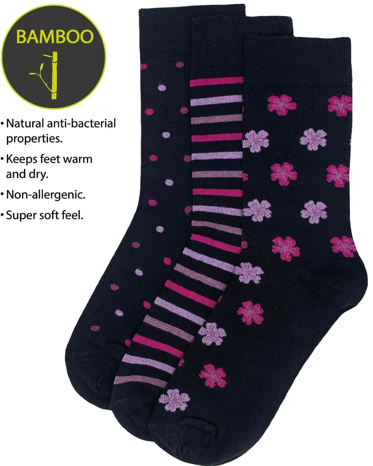 Flexitop Socks | 3 Pack Womens Bamboo Socks - Black Mix