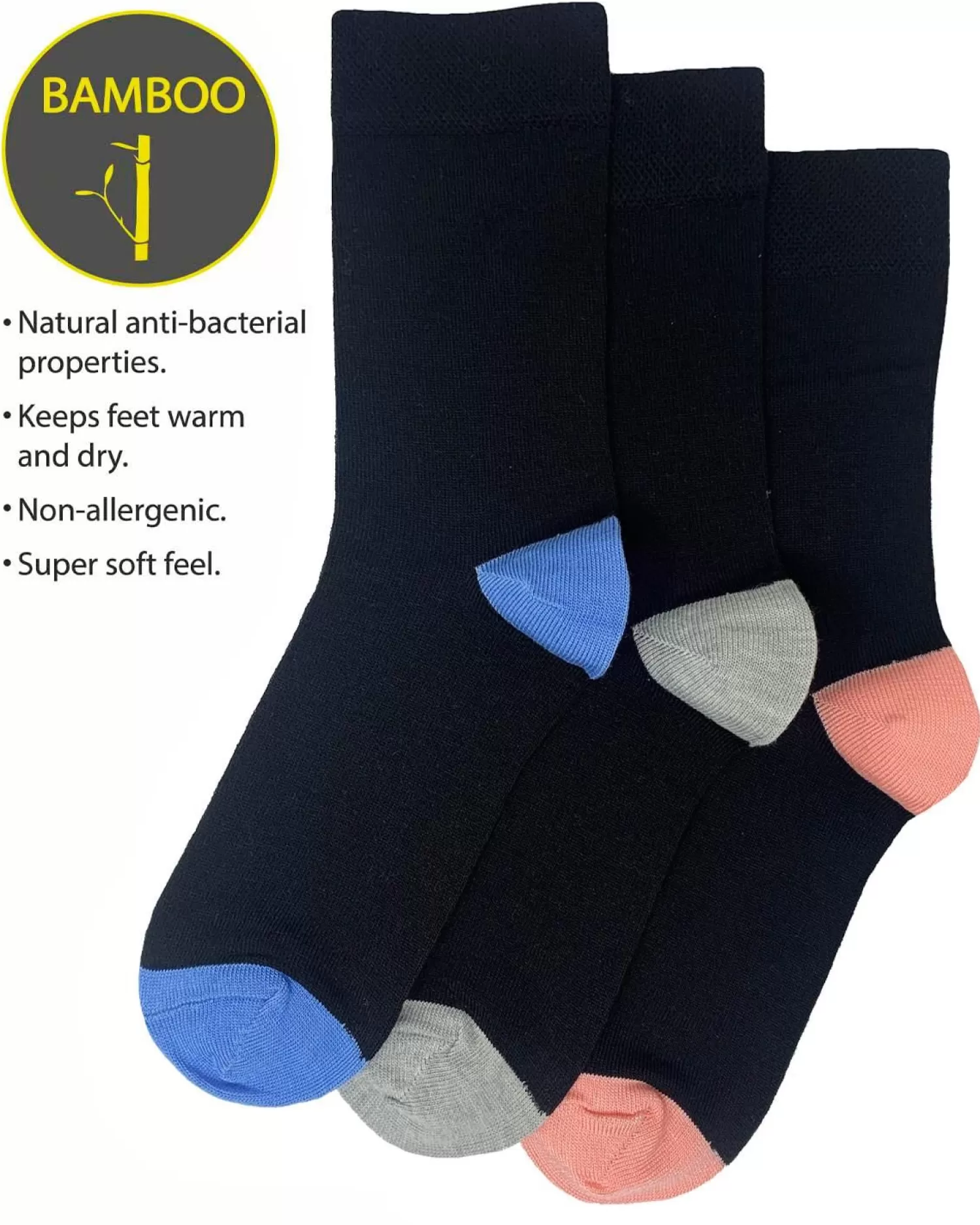 Flexitop Socks | 3 Pack Womens Bamboo Socks - Bright Contrast