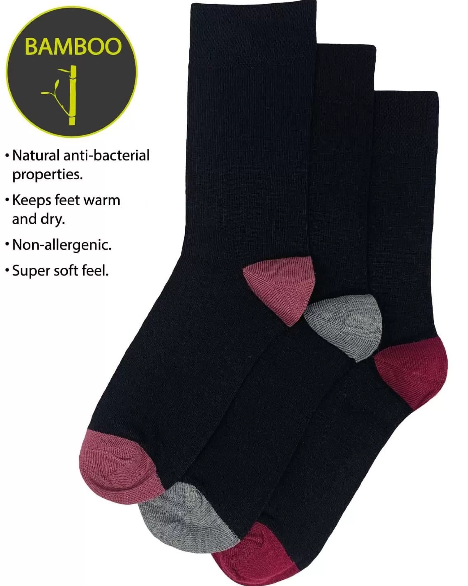 Flexitop Socks | 3 Pack Womens Bamboo Socks - Coloured Heel