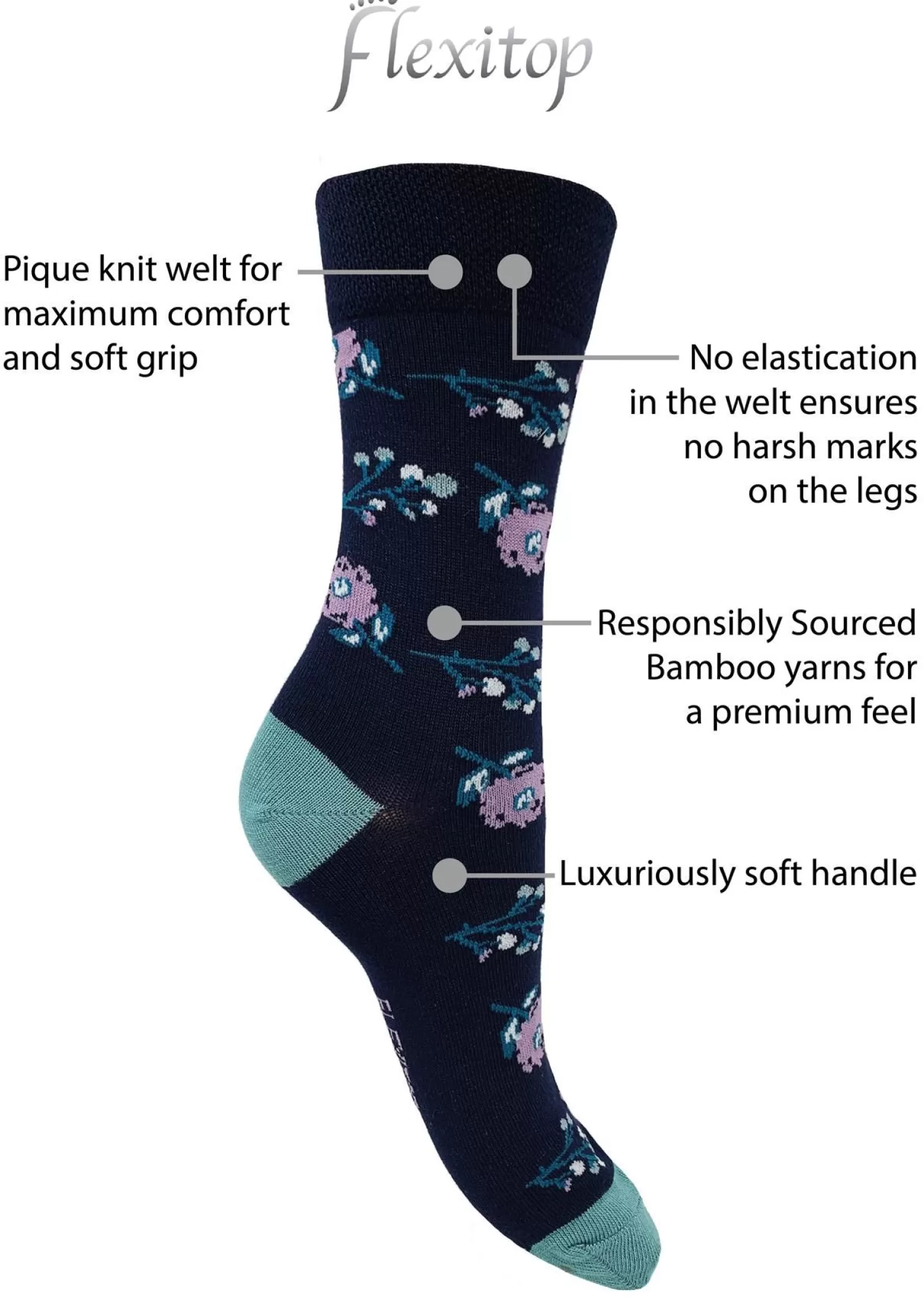 Flexitop Socks | 3 Pack Womens Bamboo Socks - Floral Design