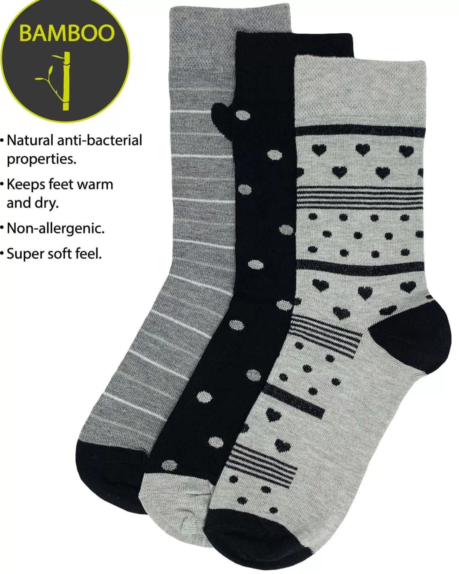 Flexitop Socks | 3 Pack Womens Bamboo Socks - Grey Heart