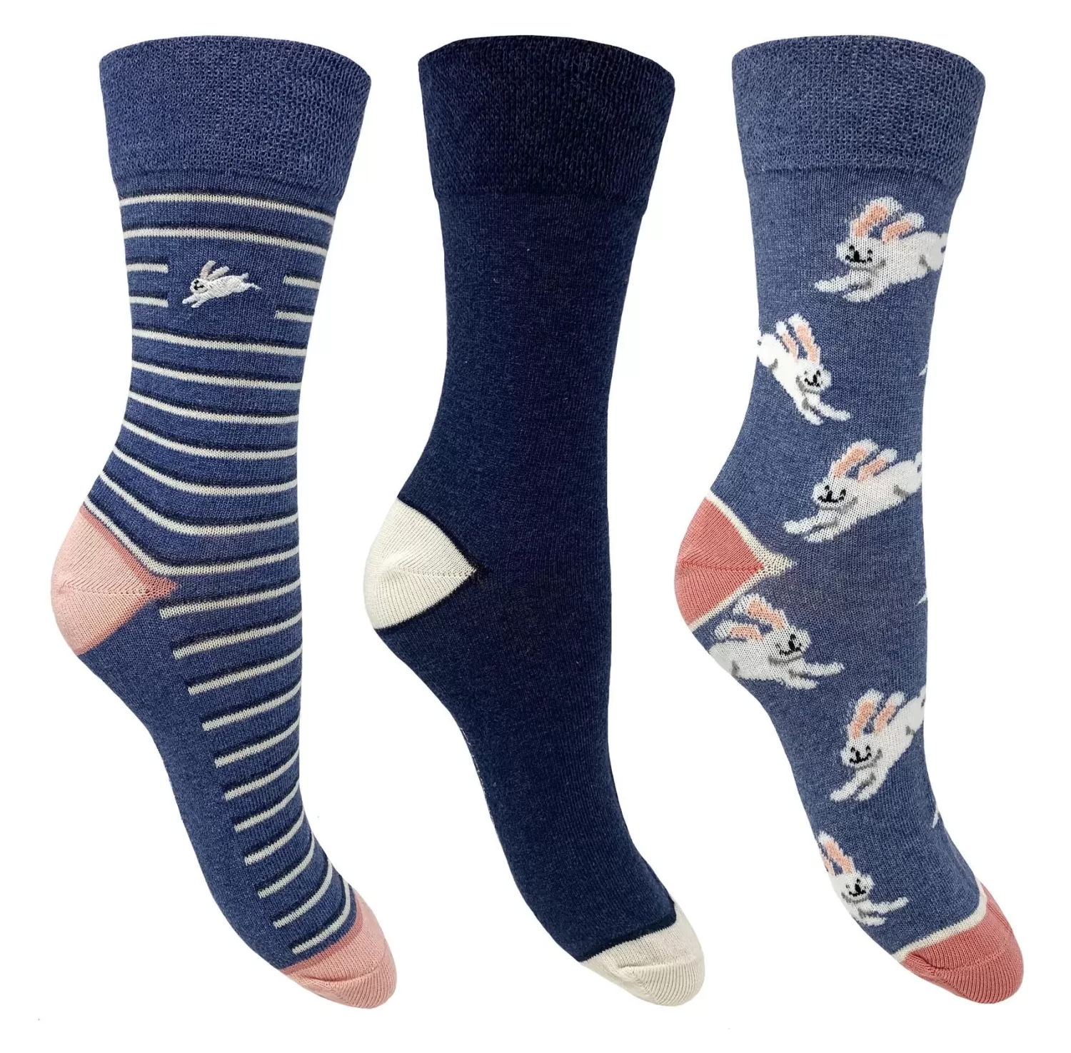 Flexitop Socks | 3 Pack Womens Cotton Rich Socks - Blue Bunnies