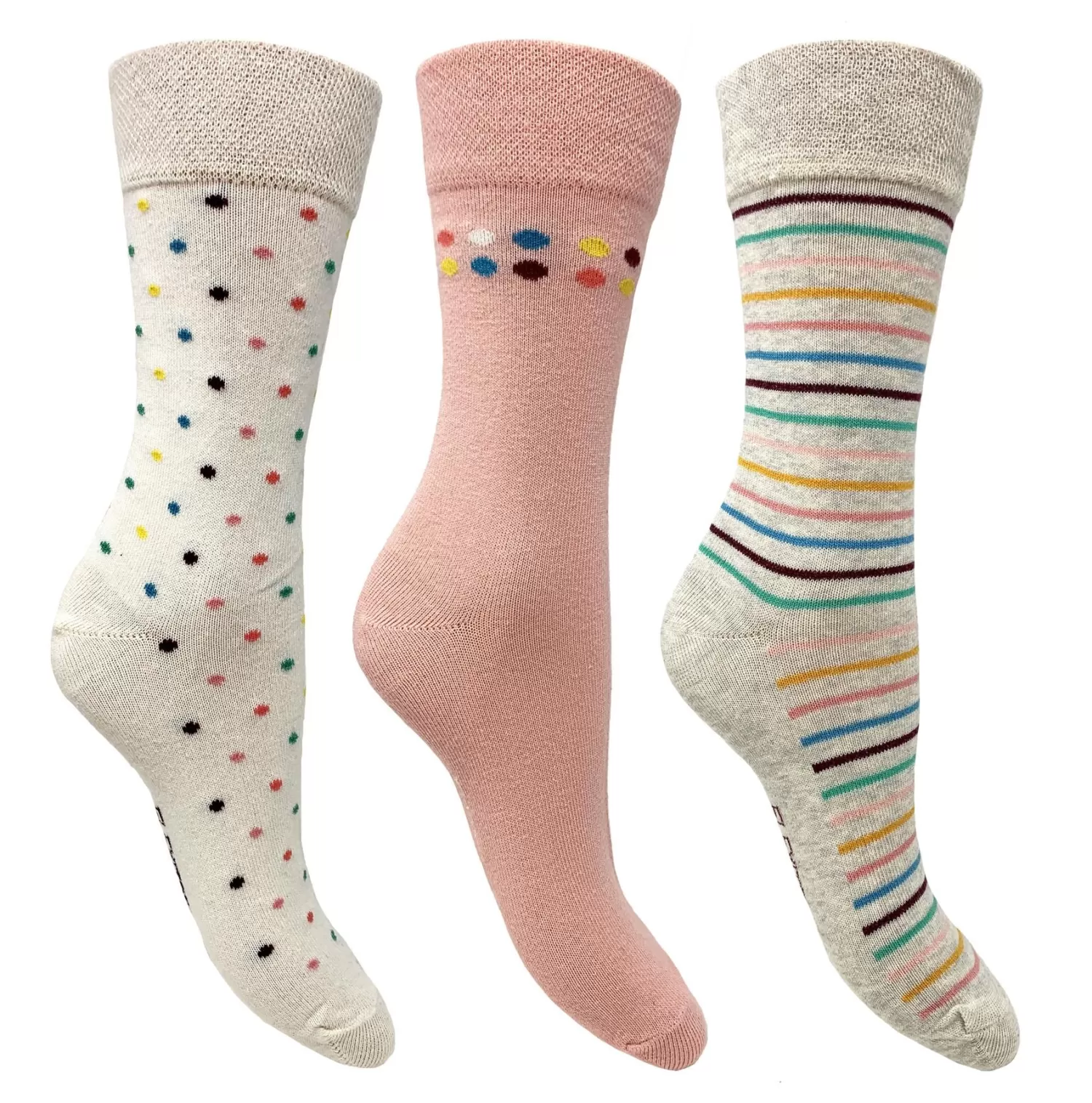 Flexitop Socks | 3 Pack Womens Cotton Rich Socks - Cream Spots & Stripes