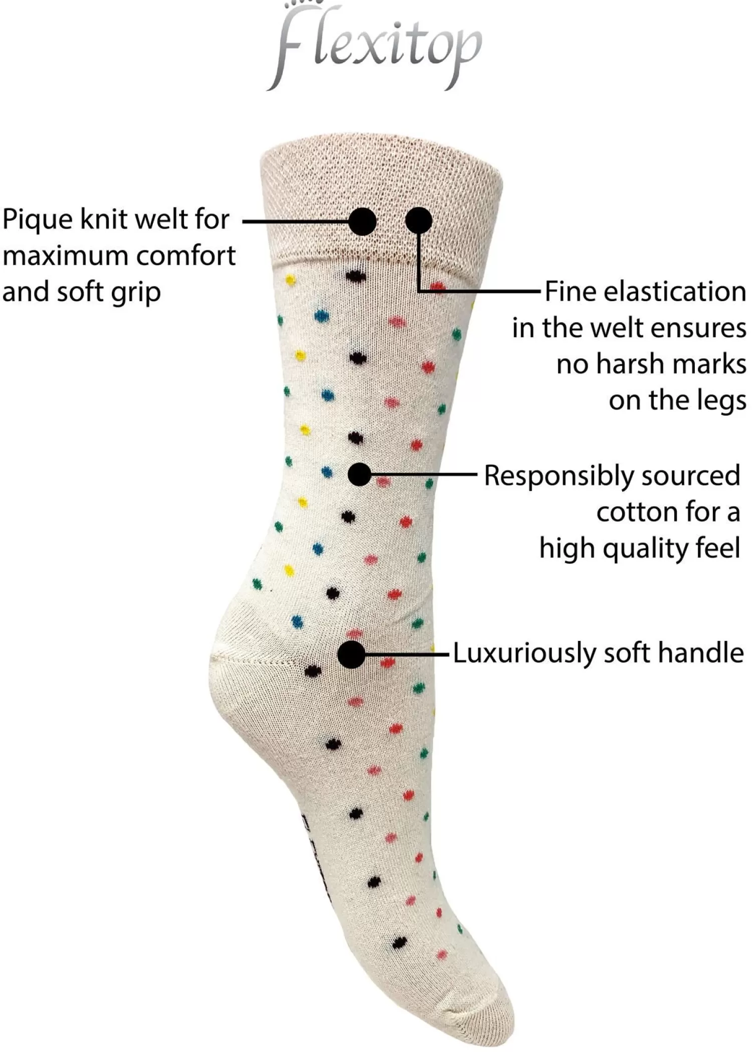 Flexitop Socks | 3 Pack Womens Cotton Rich Socks - Cream Spots & Stripes