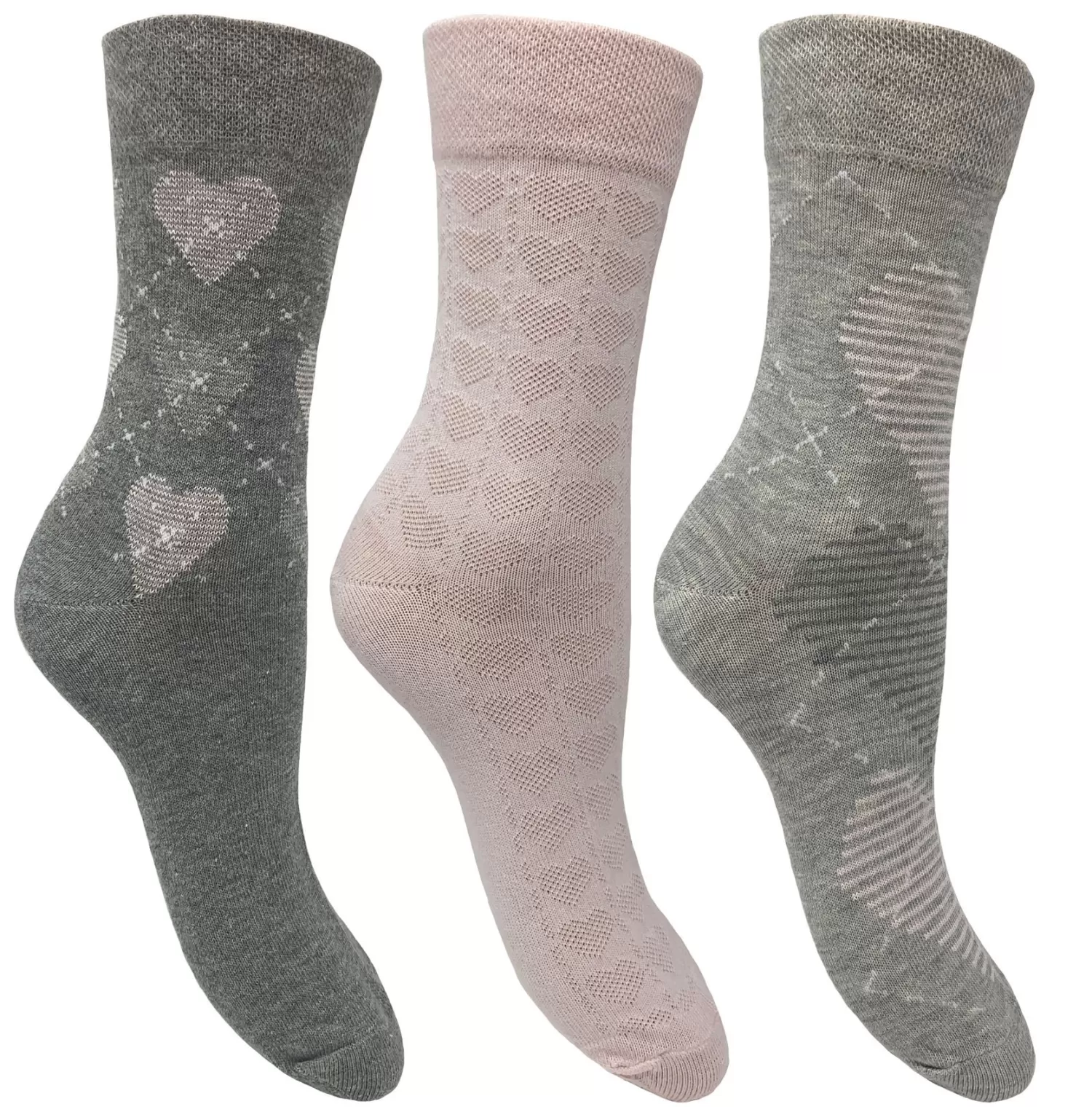 Flexitop Socks | 3 Pack Womens Cotton Rich Socks - Pink/Grey Heart