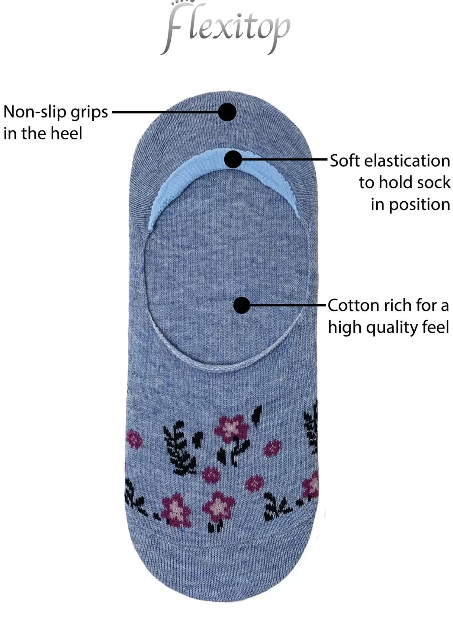 Flexitop Socks | 3 Pack Womens Invisible Liner Socks - Floral Mix
