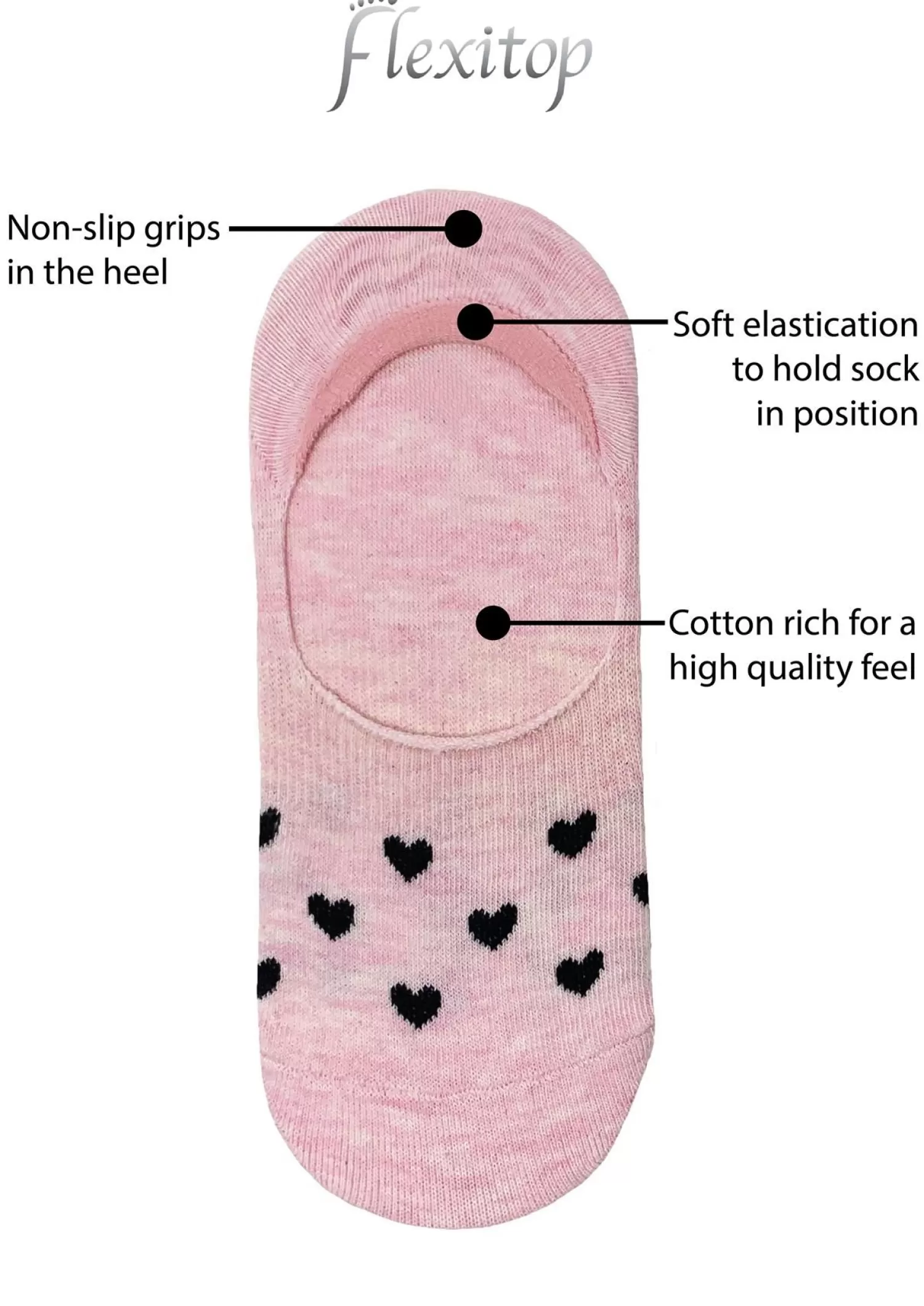 Flexitop Socks | 3 Pack Womens Invisible Liner Socks - Heart Mix