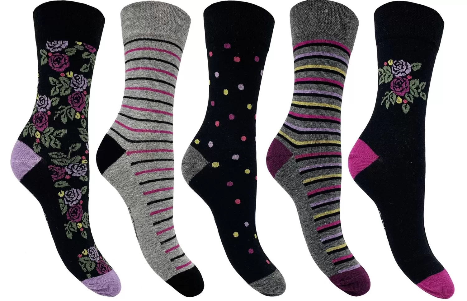 Flexitop Socks | 5 Pack Womens Cotton Rich Socks - Black Floral