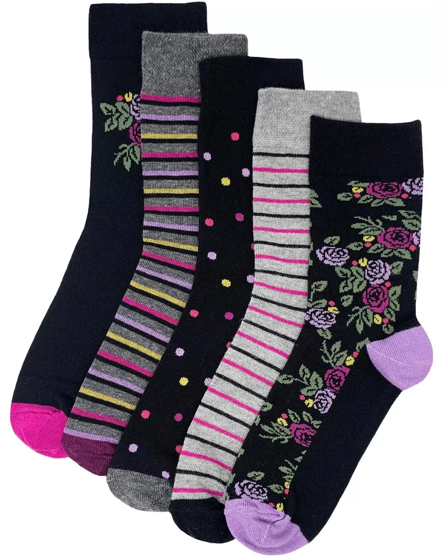 Flexitop Socks | 5 Pack Womens Cotton Rich Socks - Black Floral