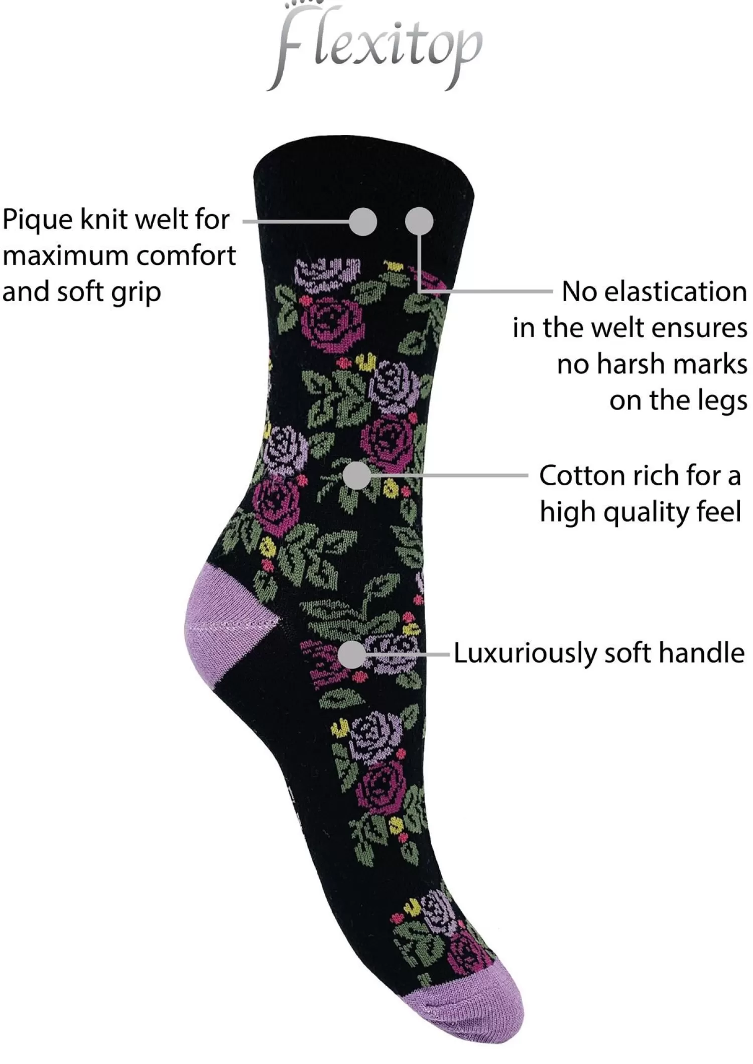 Flexitop Socks | 5 Pack Womens Cotton Rich Socks - Black Floral
