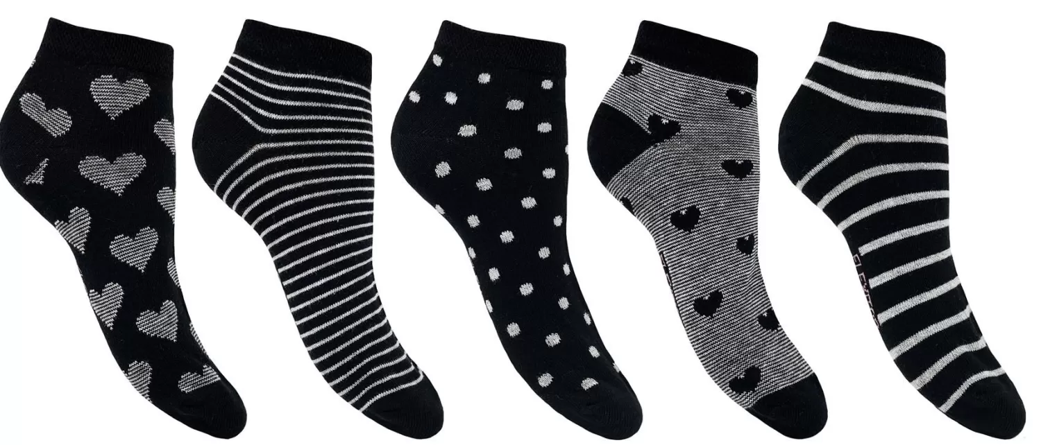 Flexitop Socks | 5 Pack Womens Cotton Rich Trainer Socks - Black Heart