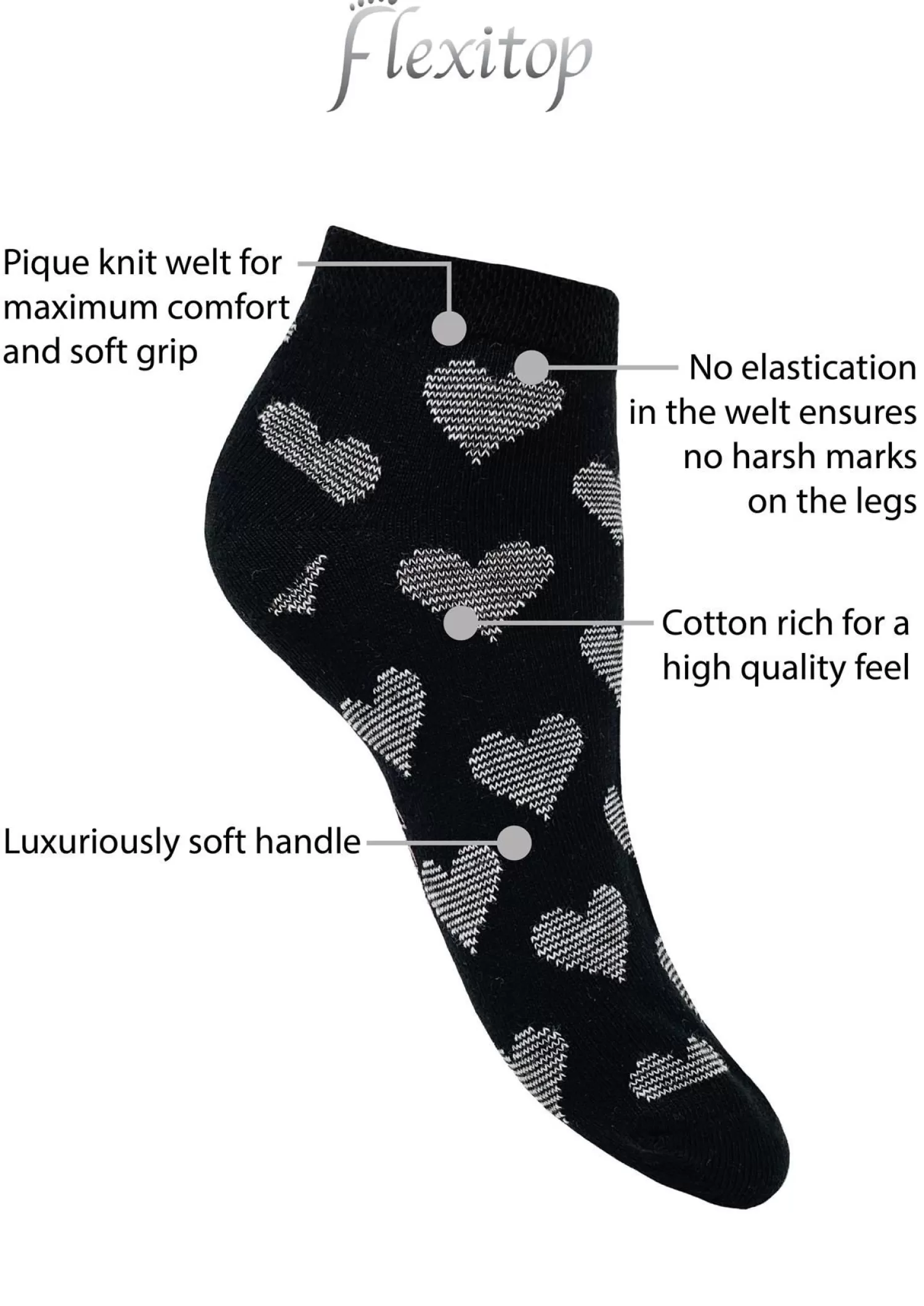 Flexitop Socks | 5 Pack Womens Cotton Rich Trainer Socks - Black Heart
