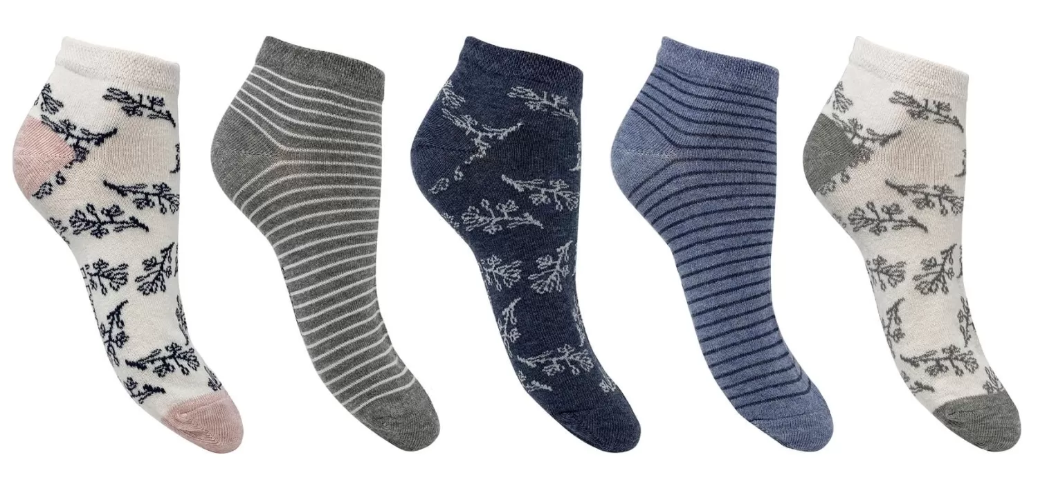 Flexitop Socks | 5 Pack Womens Cotton Rich Trainer Socks - Floral Stripe