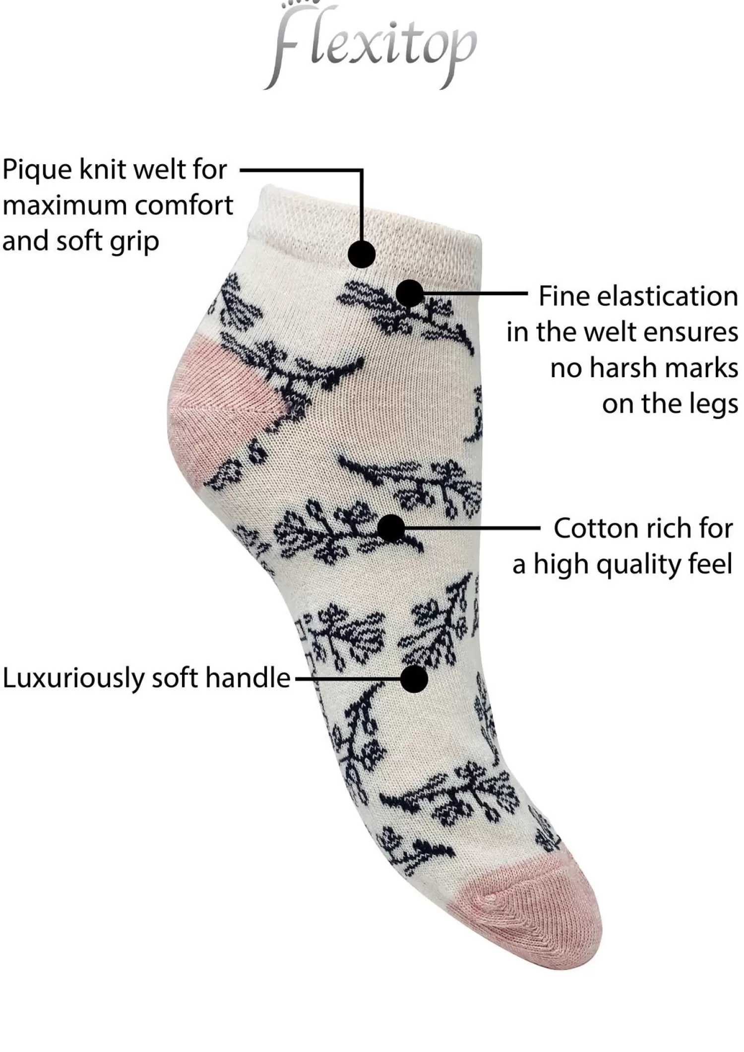 Flexitop Socks | 5 Pack Womens Cotton Rich Trainer Socks - Floral Stripe