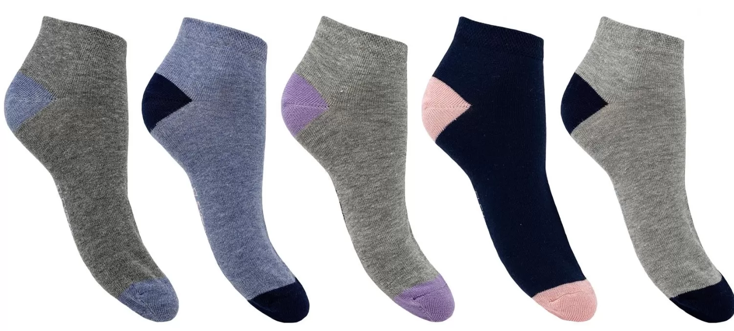 Flexitop Socks | 5 Pack Womens Cotton Rich Trainer Socks - Grey/Blue