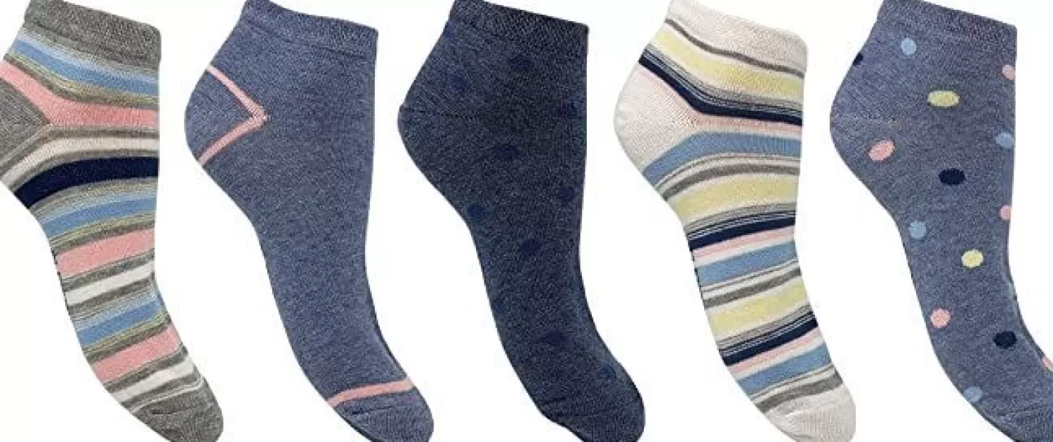 Flexitop Socks | 5 Pack Womens Cotton Rich Trainer Socks - Spots & Stripes