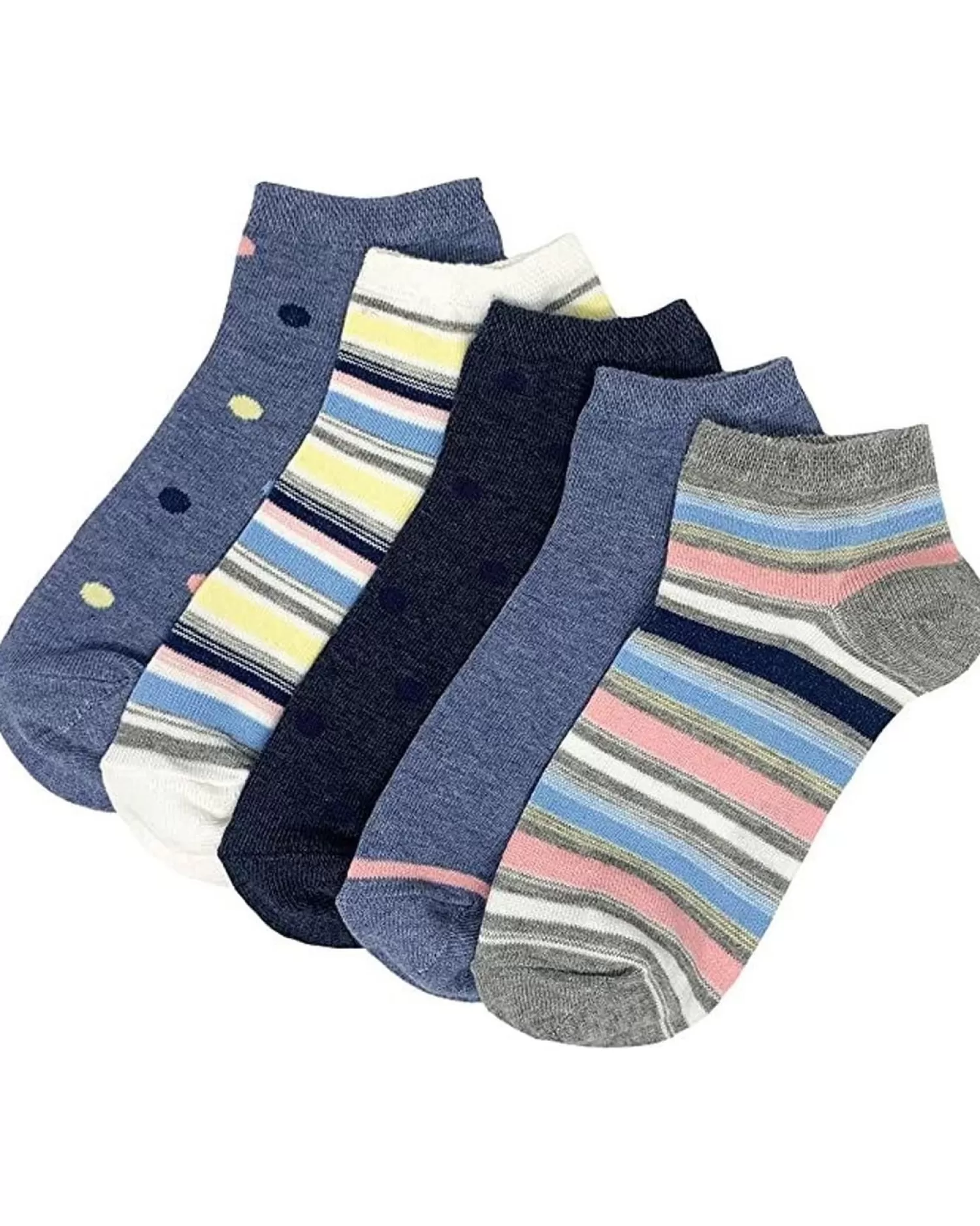 Flexitop Socks | 5 Pack Womens Cotton Rich Trainer Socks - Spots & Stripes