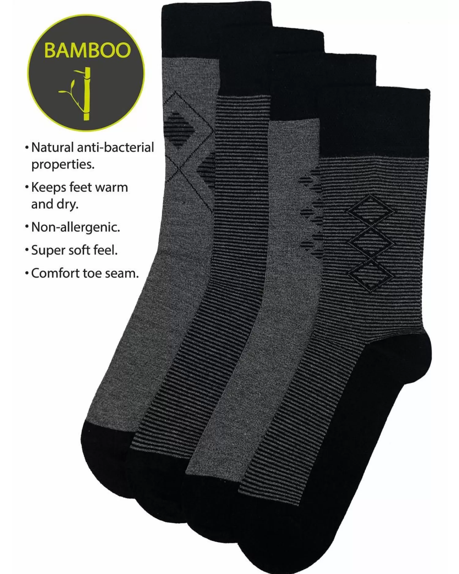 Men Flexitop Mens 4 Pack Bamboo Socks - Black Argyle