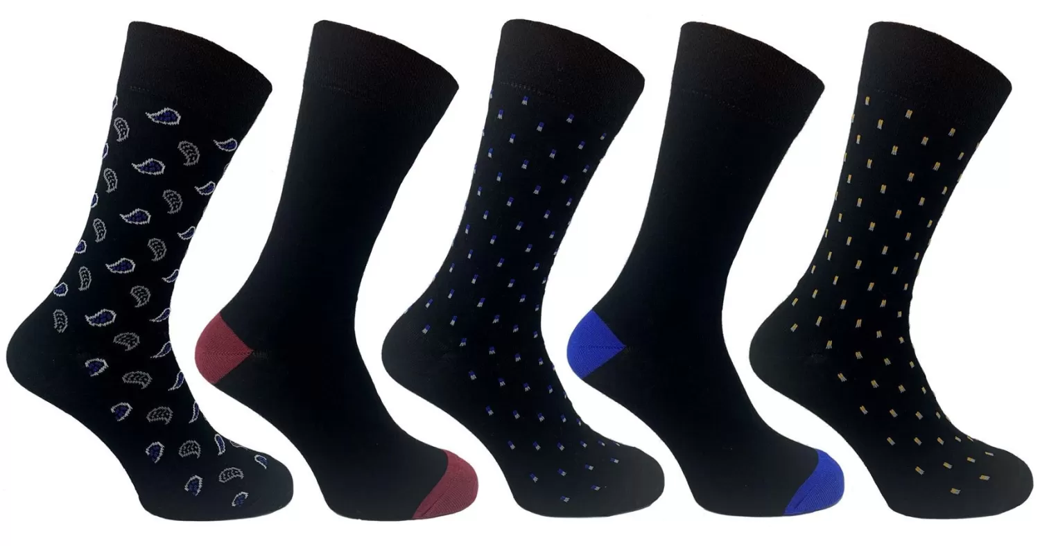 Men Flexitop Mens 5 Pack Dress Socks - Black Paisley Mix