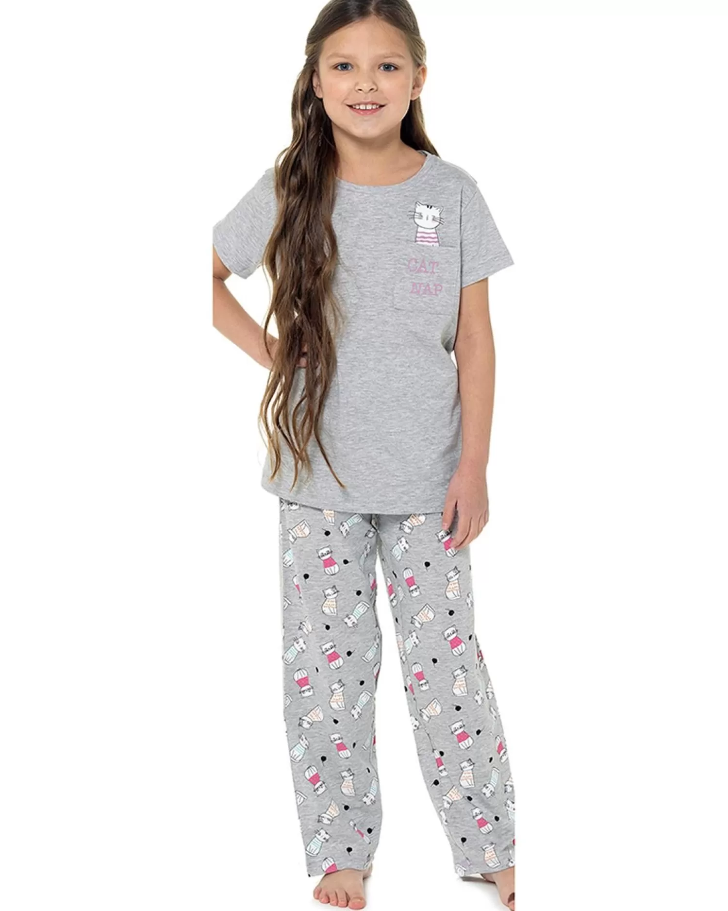 Kids Follow That Dream Girls Grey Cat Long Pyjamas