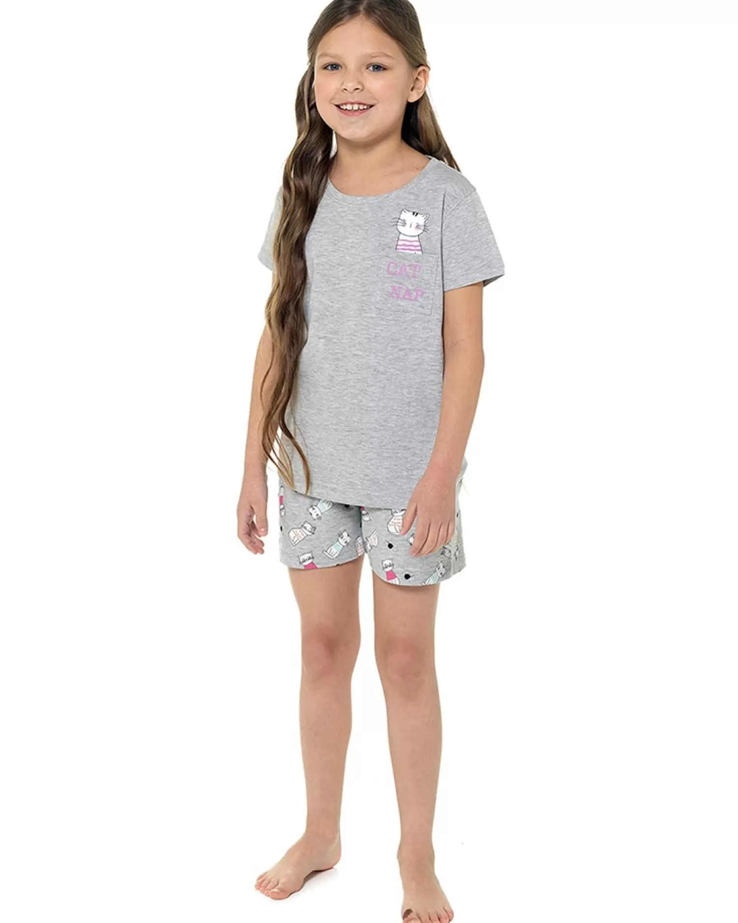 Kids Follow That Dream Girls Grey Cat Short Pyjamas