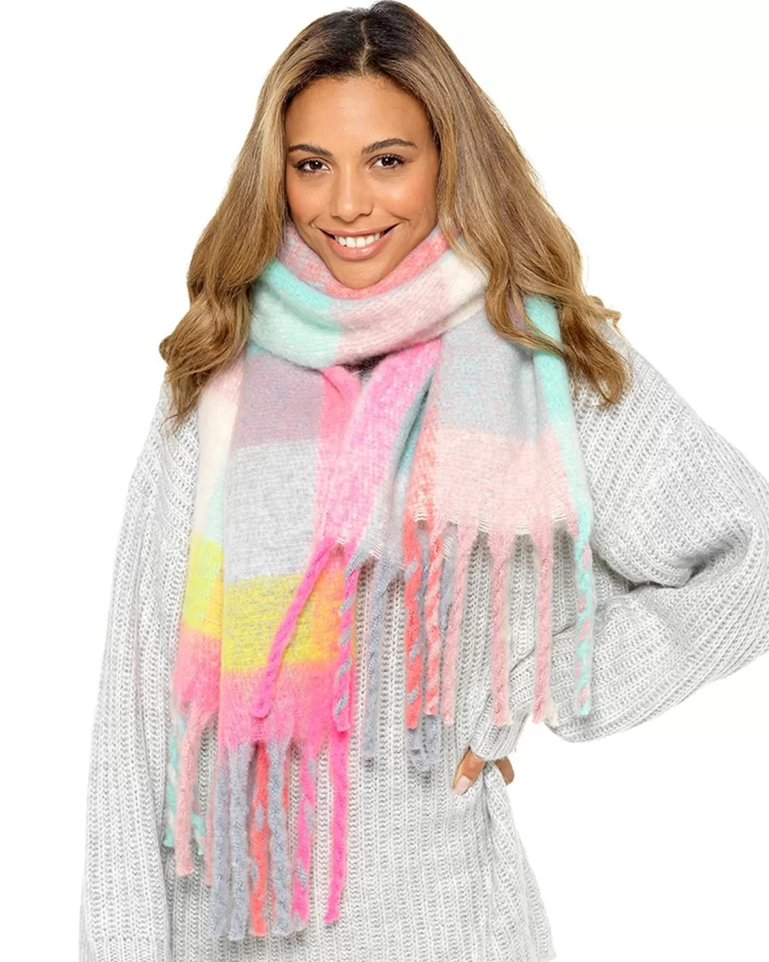 Foxbury Scarves | Bright Rainbow Check Brushed Chunky Knit Scarf