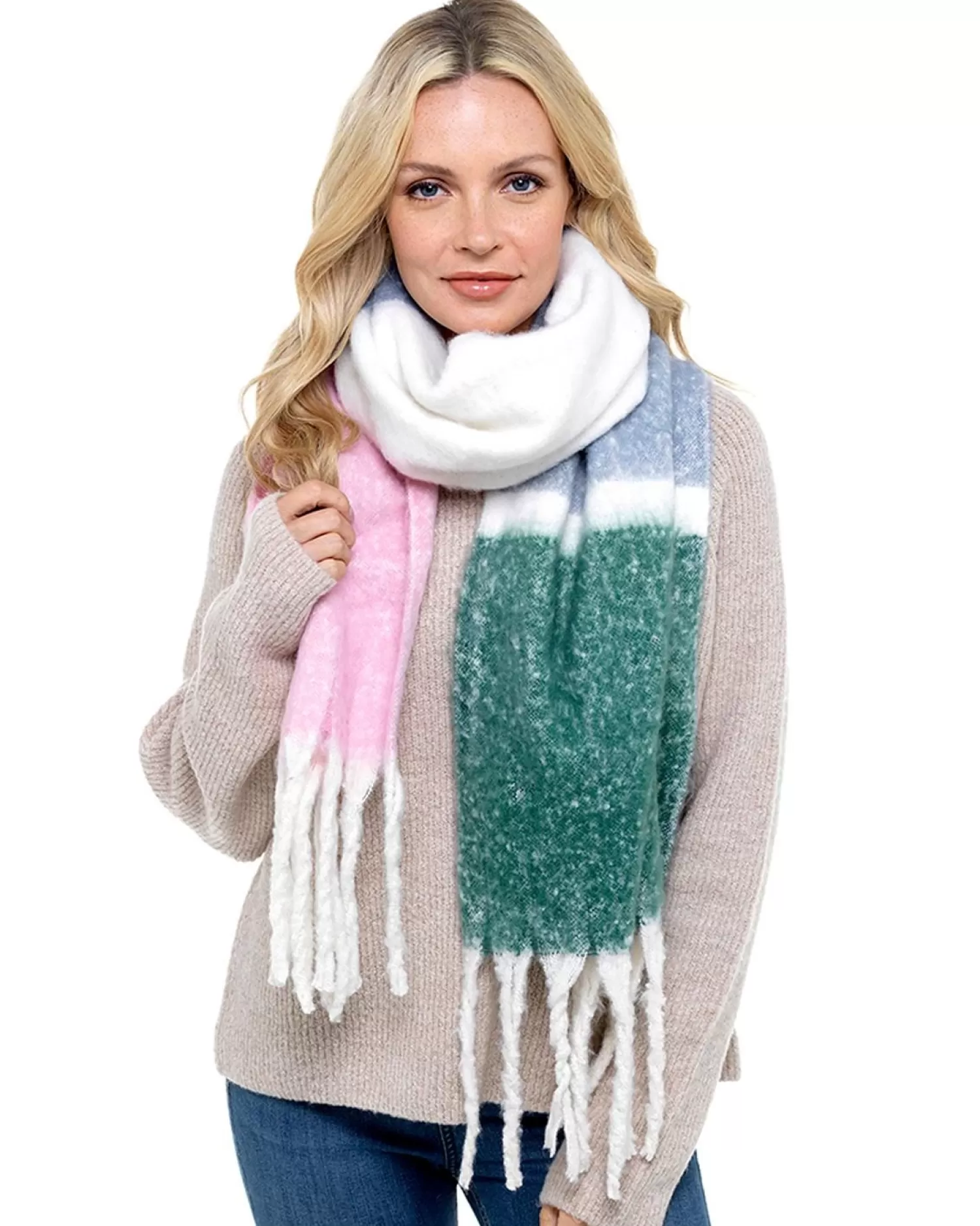 Foxbury Scarves | Green Stripe Brushed Chunky Knit Scarf