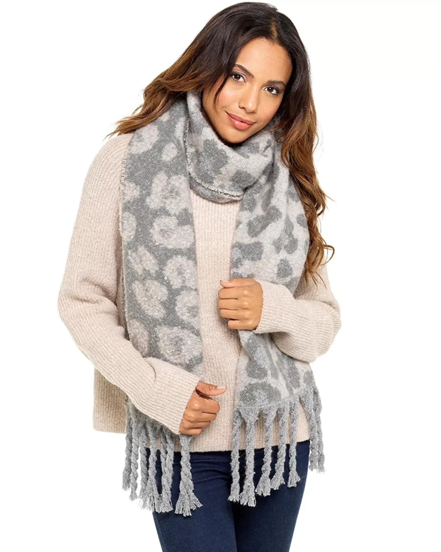 Foxbury Scarves | Grey Animal Print Brushed Chunky Knit Scarf