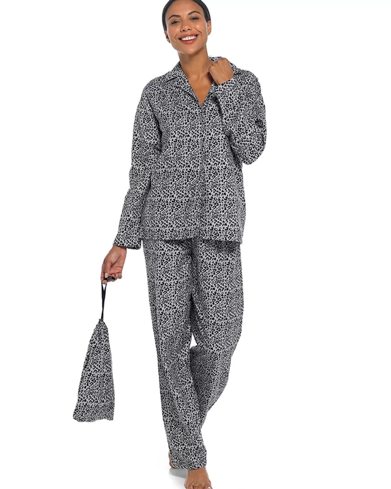 Foxbury Pyjamas | Leopard Button Pyjamas In A Bag - Grey