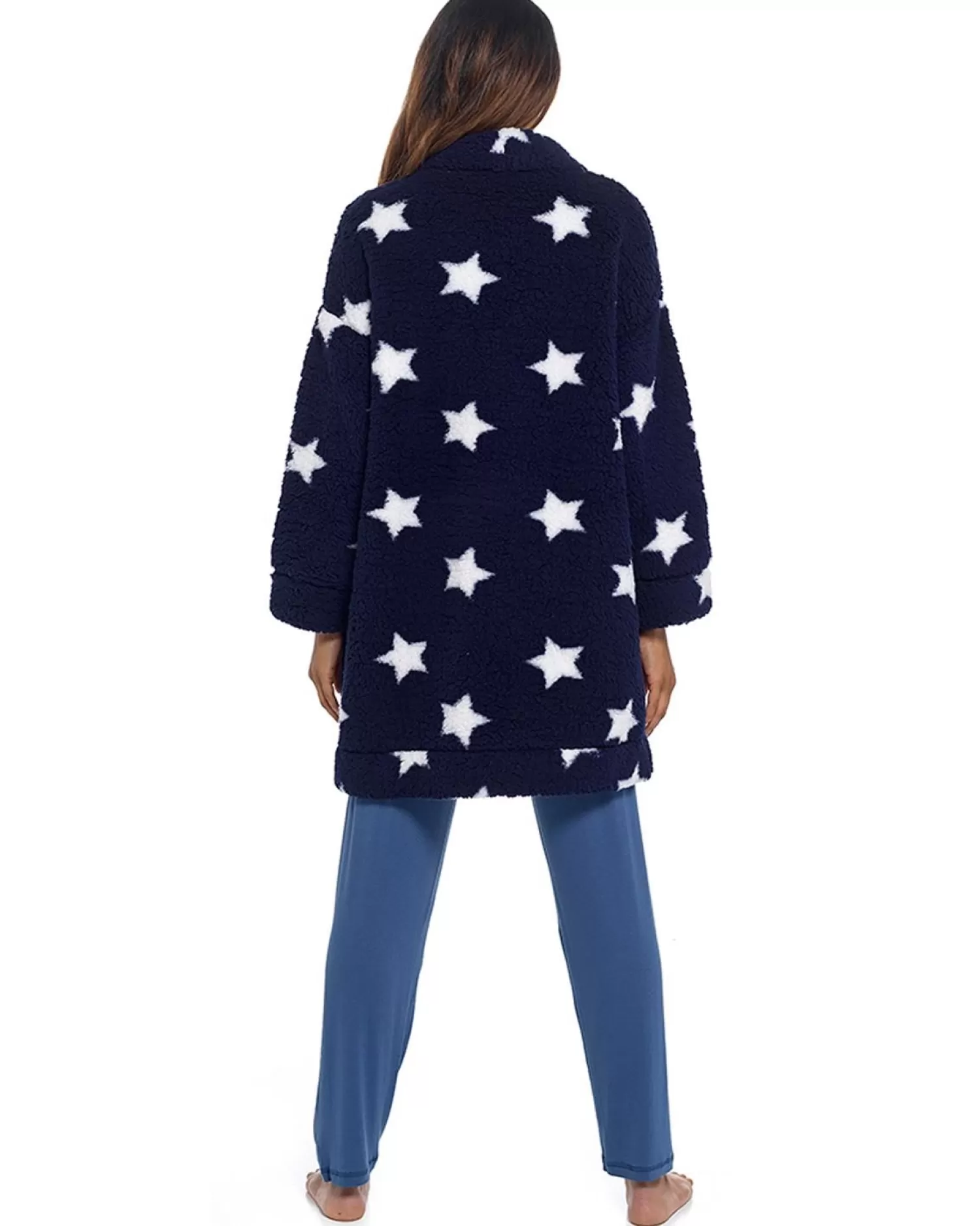 Foxbury Dressing Gowns | Sherpa Fleece Cardigan Robe - Navy Star