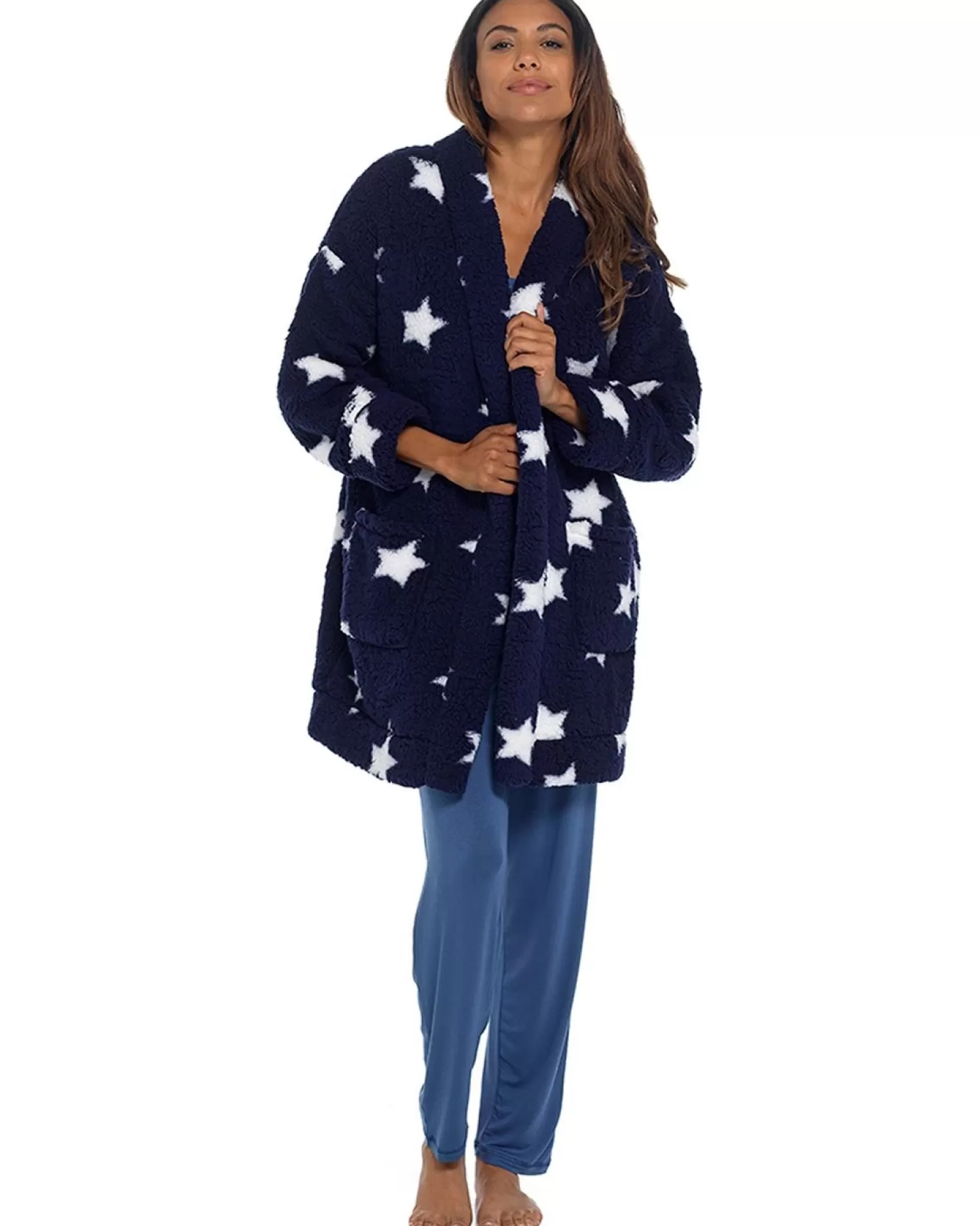 Foxbury Dressing Gowns | Sherpa Fleece Cardigan Robe - Navy Star