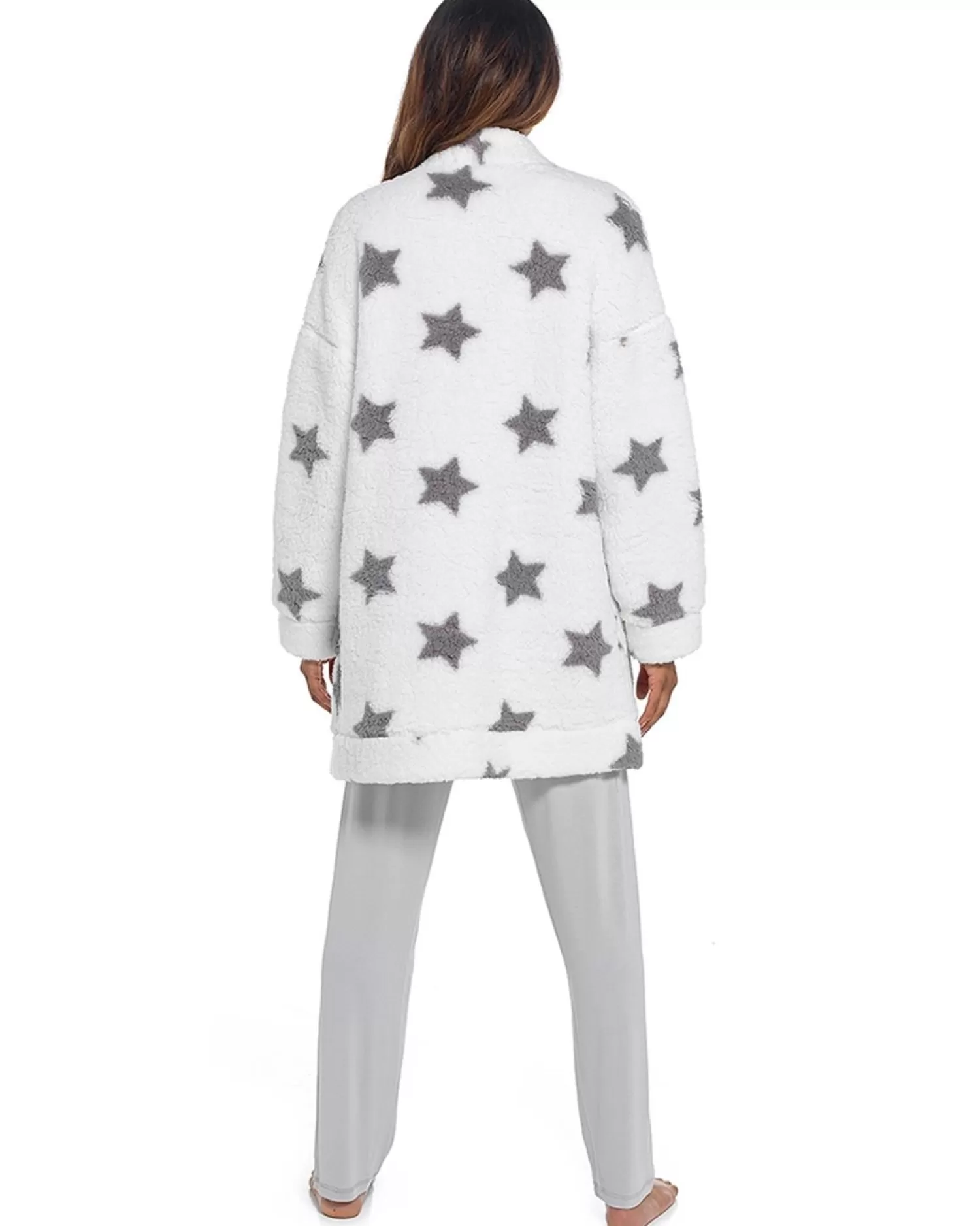 Foxbury Dressing Gowns | Sherpa Fleece Cardigan Robe - White Star