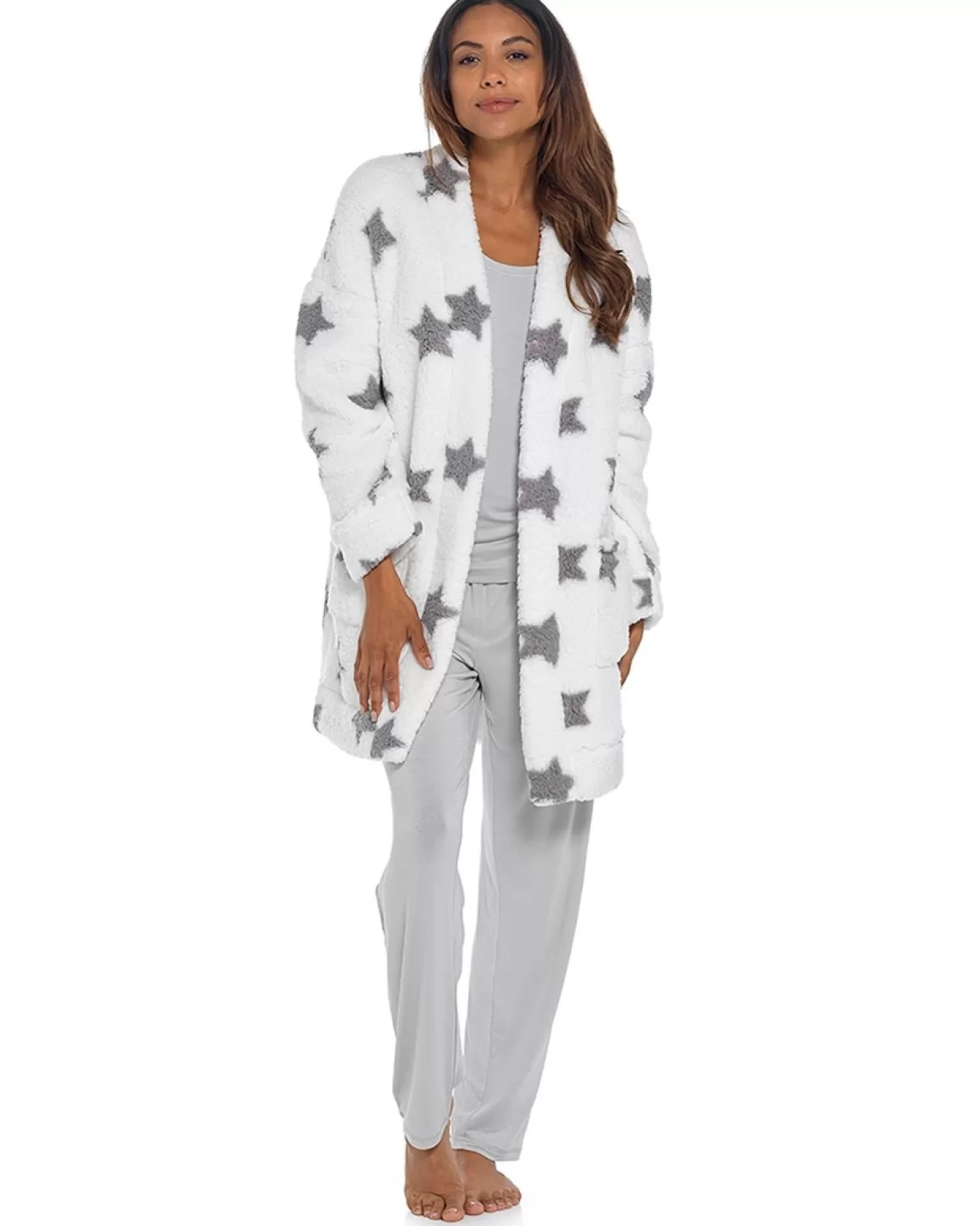 Foxbury Dressing Gowns | Sherpa Fleece Cardigan Robe - White Star