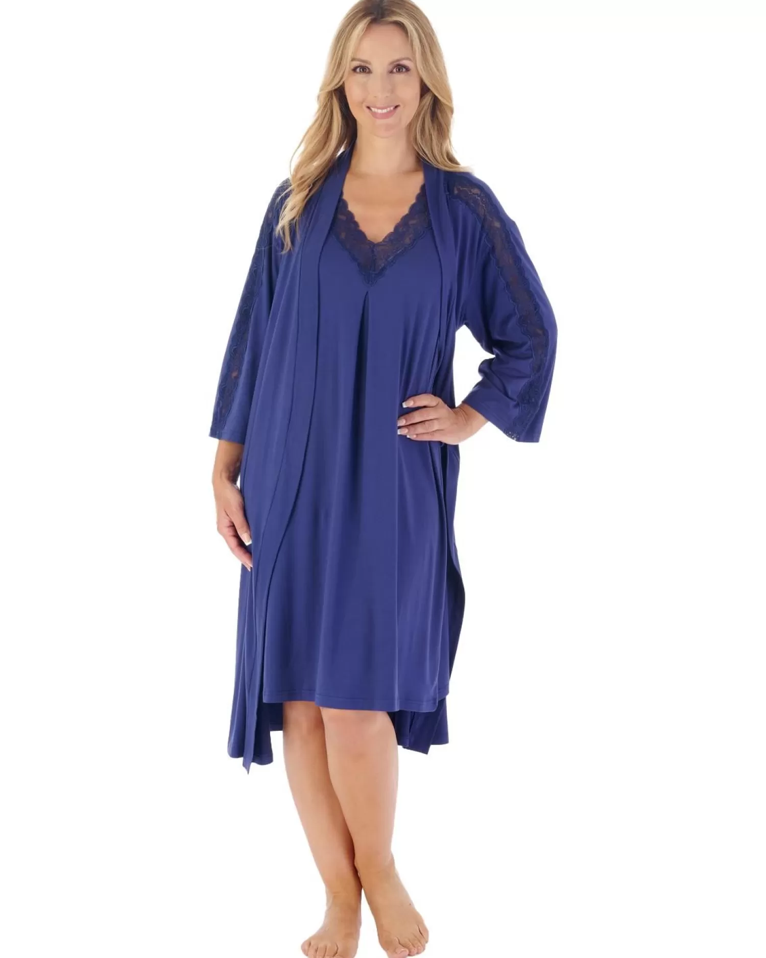 Slenderella Dressing Gowns | Gaspe By 42" Supersoft Kimono Robe - Navy