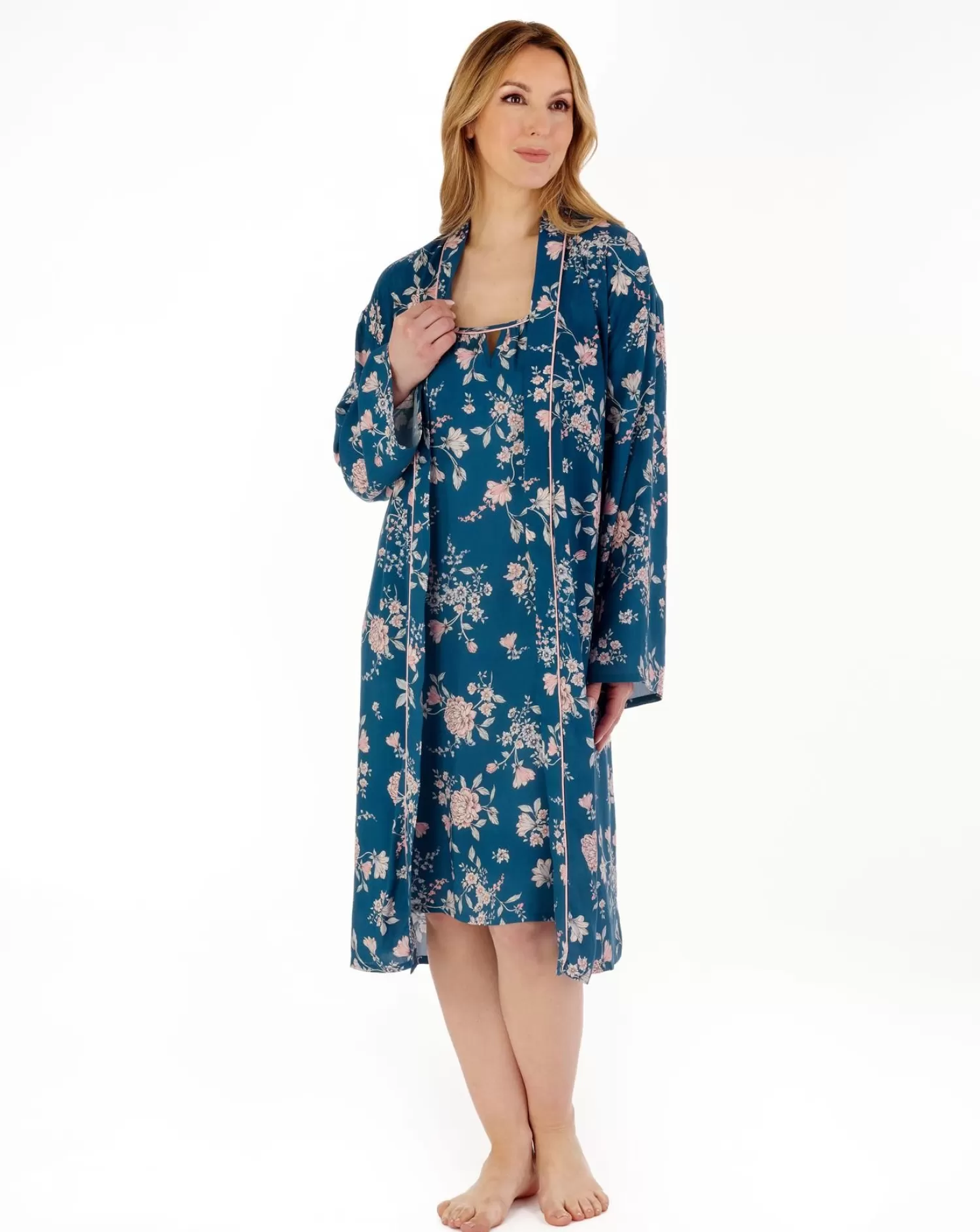 Slenderella Dressing Gowns | Gaspe By Floral Kimono Wrap - Teal