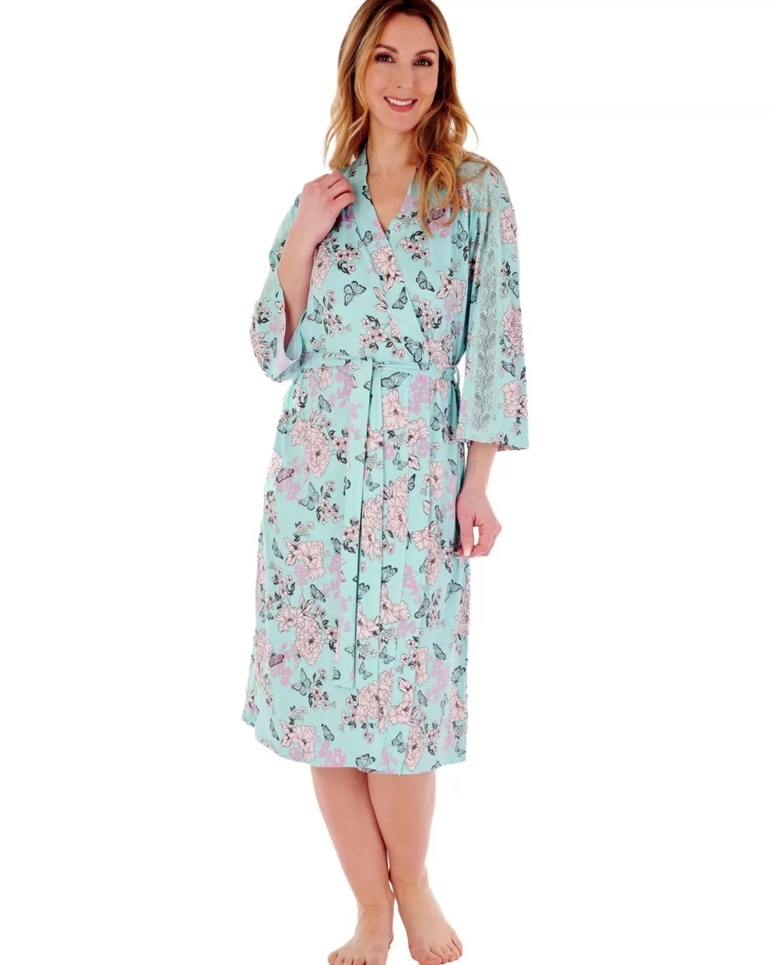 Slenderella Dressing Gowns | Gaspe By Lace Kimono Robe - Aqua