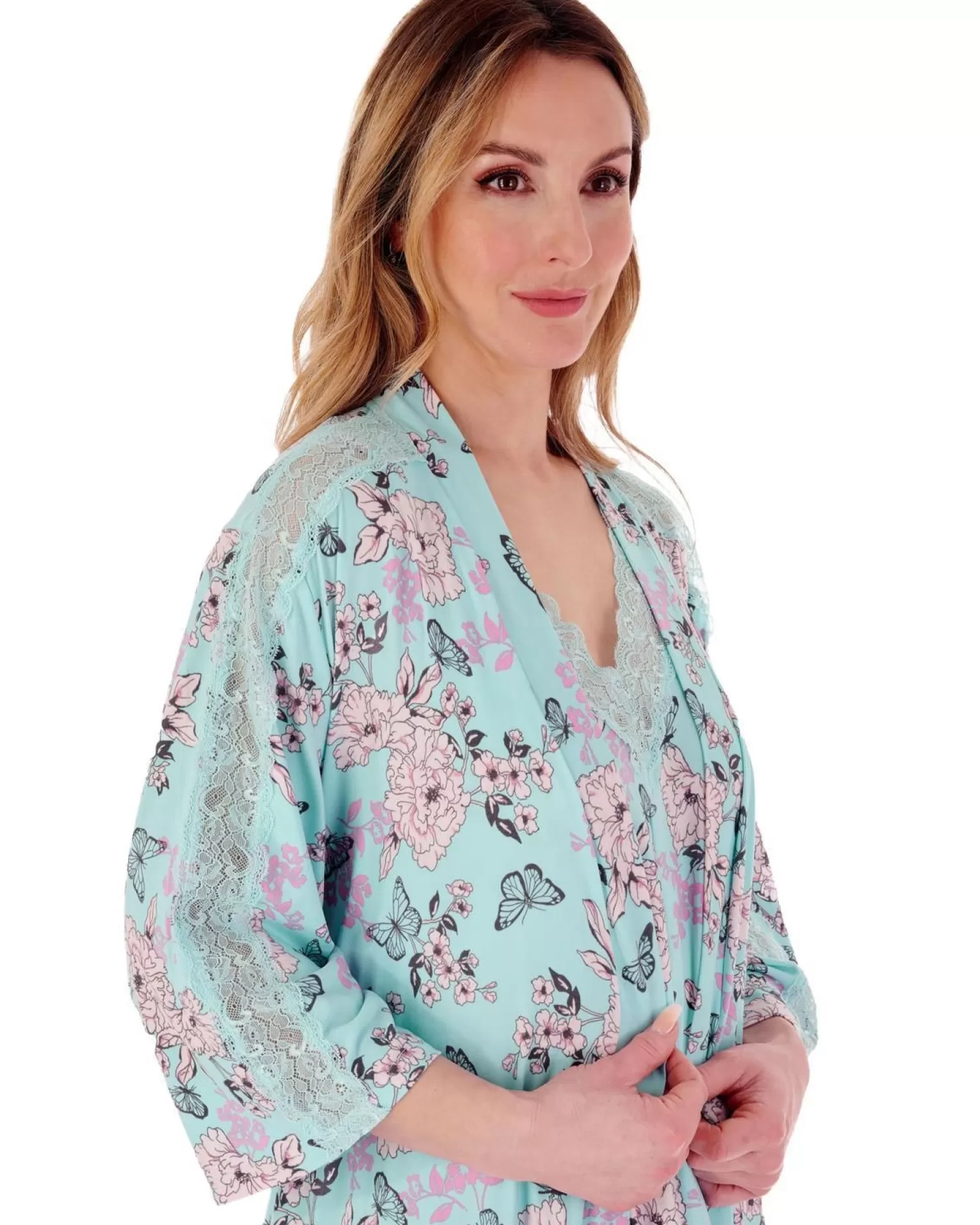 Slenderella Dressing Gowns | Gaspe By Lace Kimono Robe - Aqua