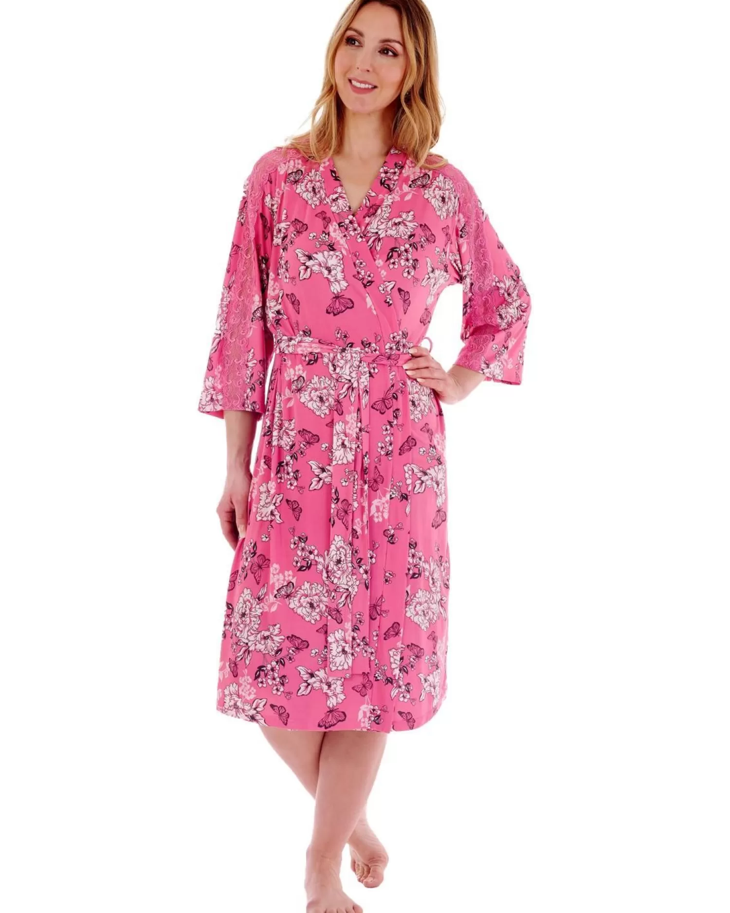 Slenderella Dressing Gowns | Gaspe By Lace Kimono Robe - Pink