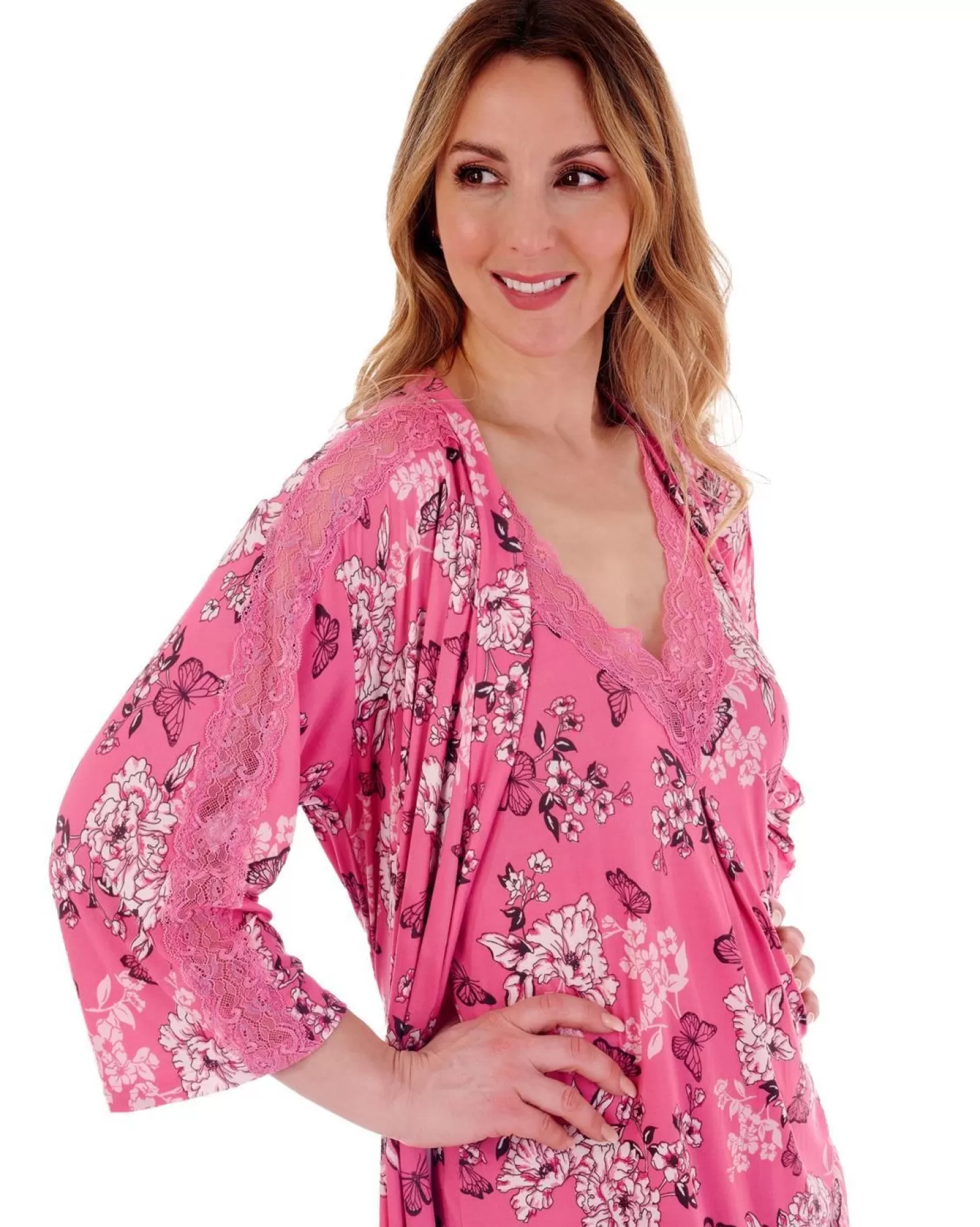 Slenderella Dressing Gowns | Gaspe By Lace Kimono Robe - Pink