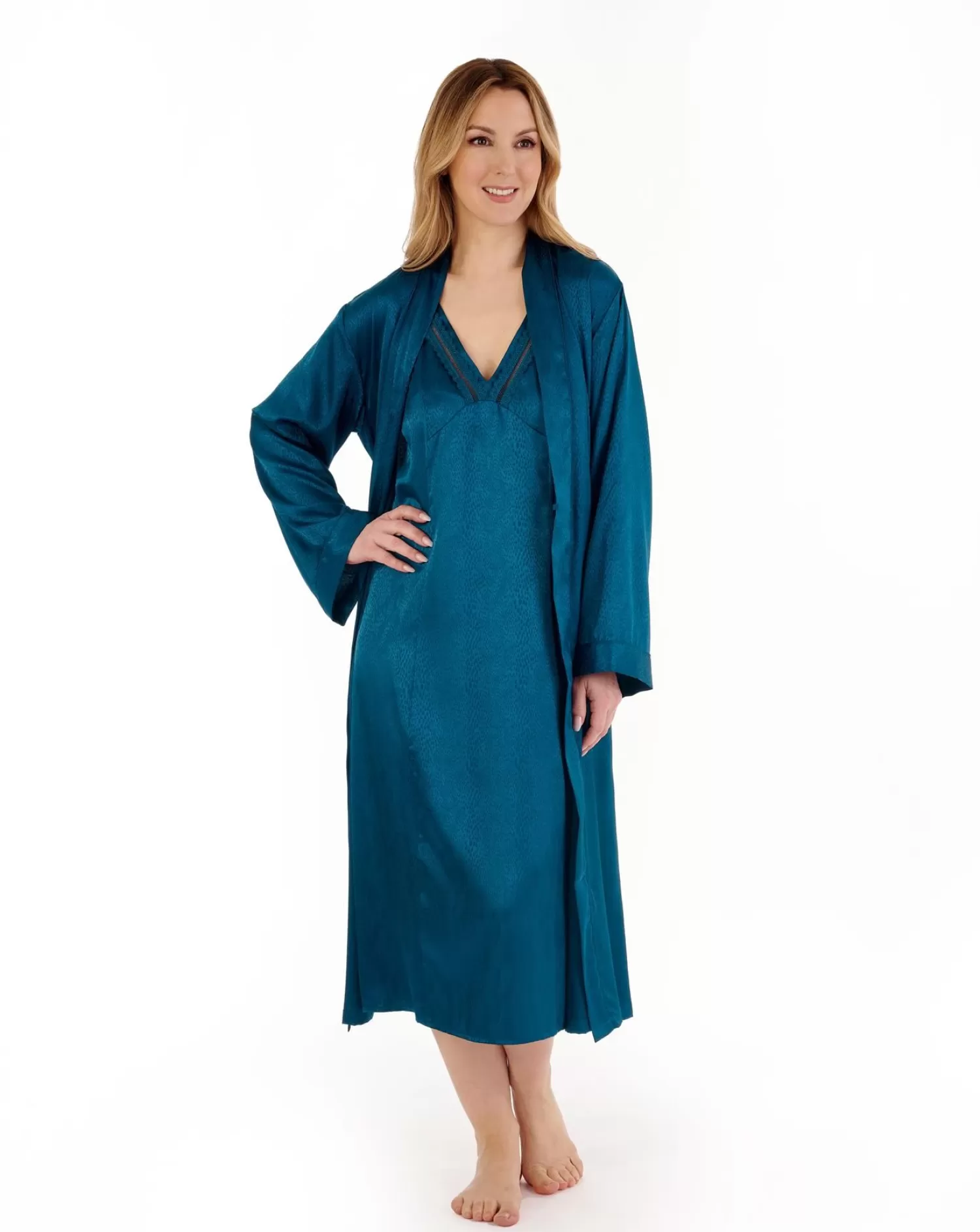 Slenderella Dressing Gowns | Gaspe By Satin Kimono Wrap - Teal