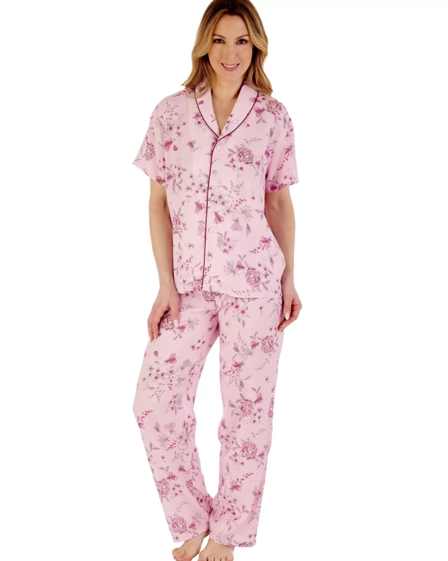 Slenderella Pyjamas | Gaspe By Short Sleeve Floral Tailored Pyjamas - Pink